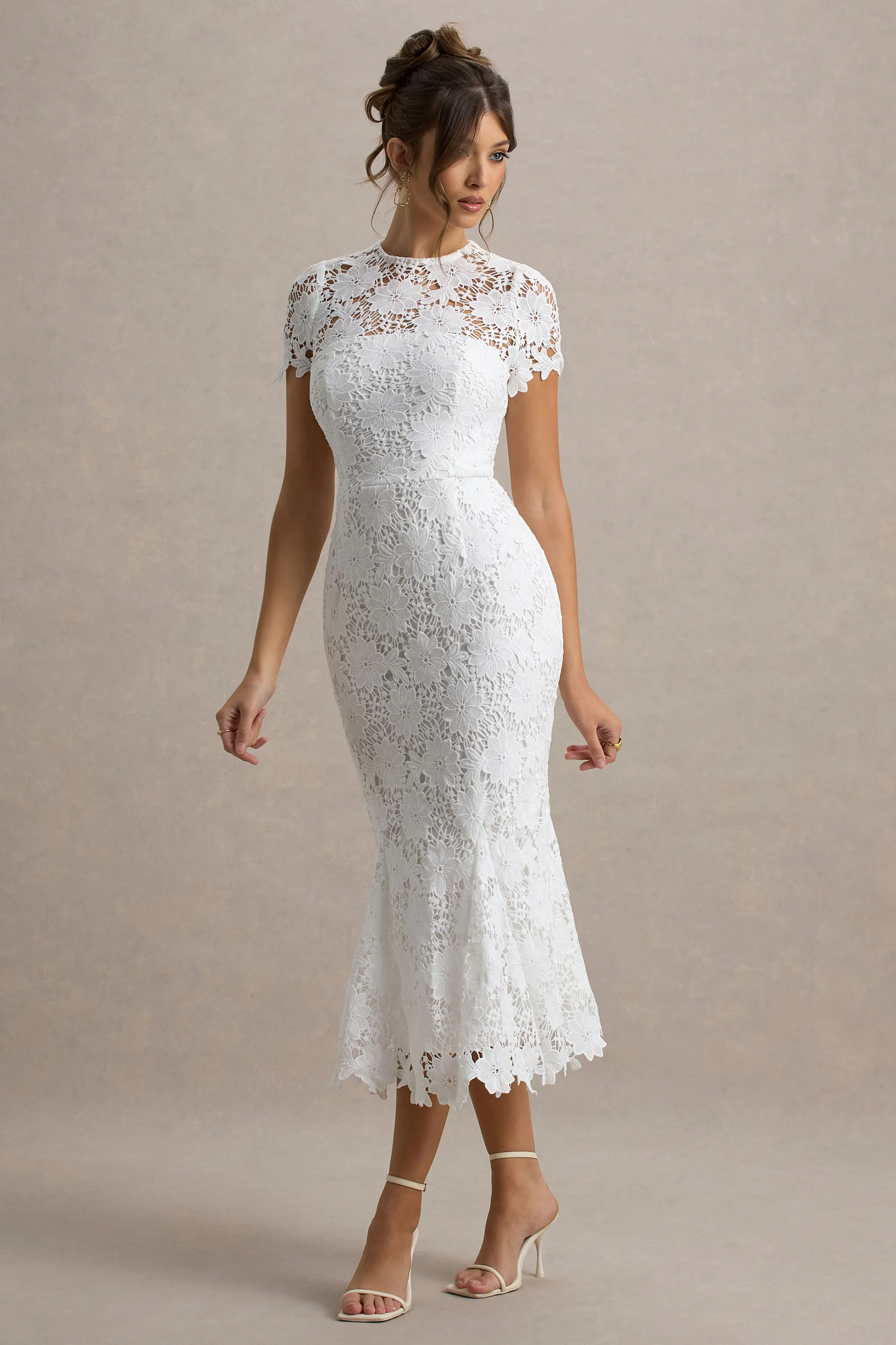 Clarissa | White Lace Short-Sleeve Pleated Midi Dress Club L London