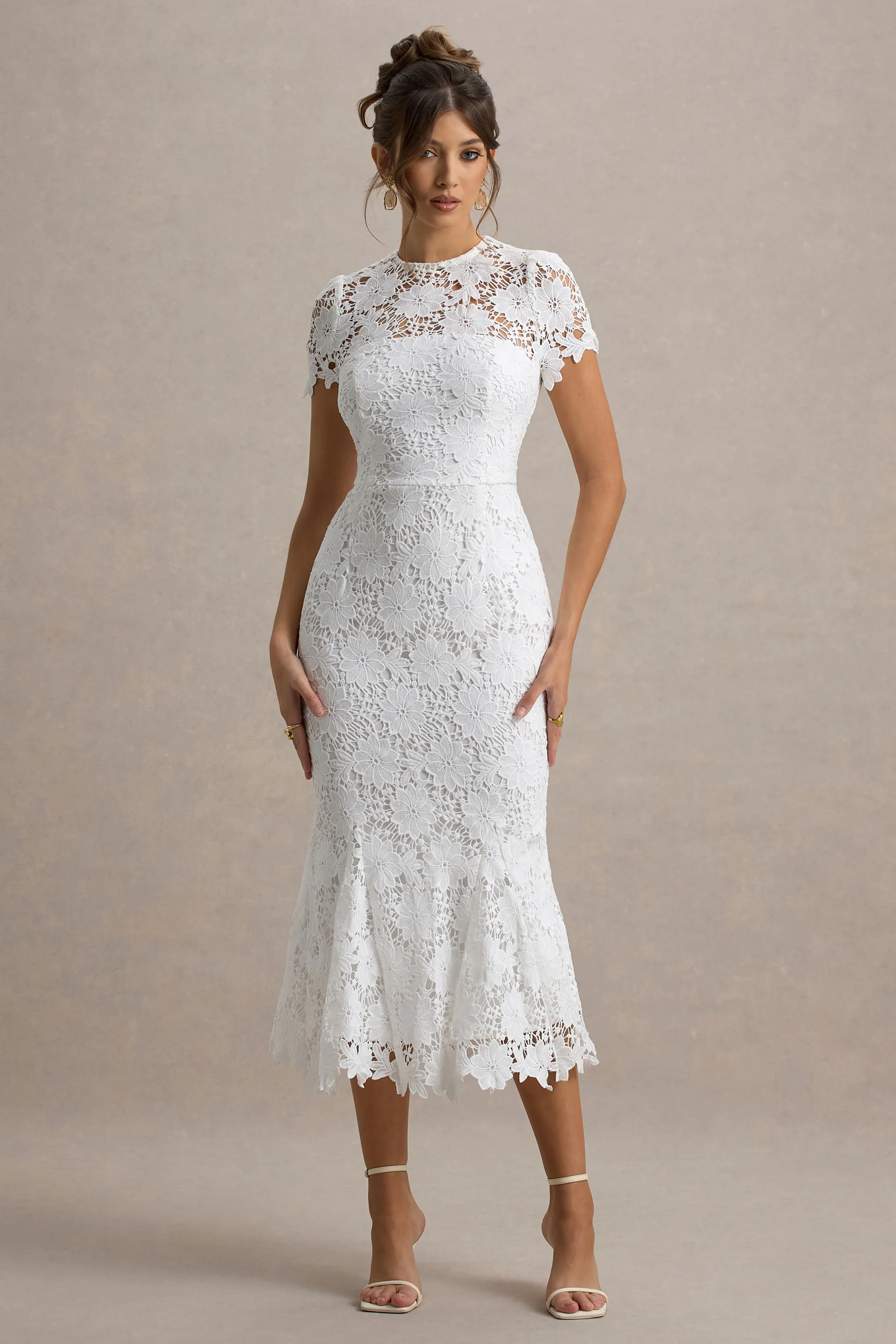 Clarissa | White Lace Short-Sleeve Pleated Midi Dress Club L London