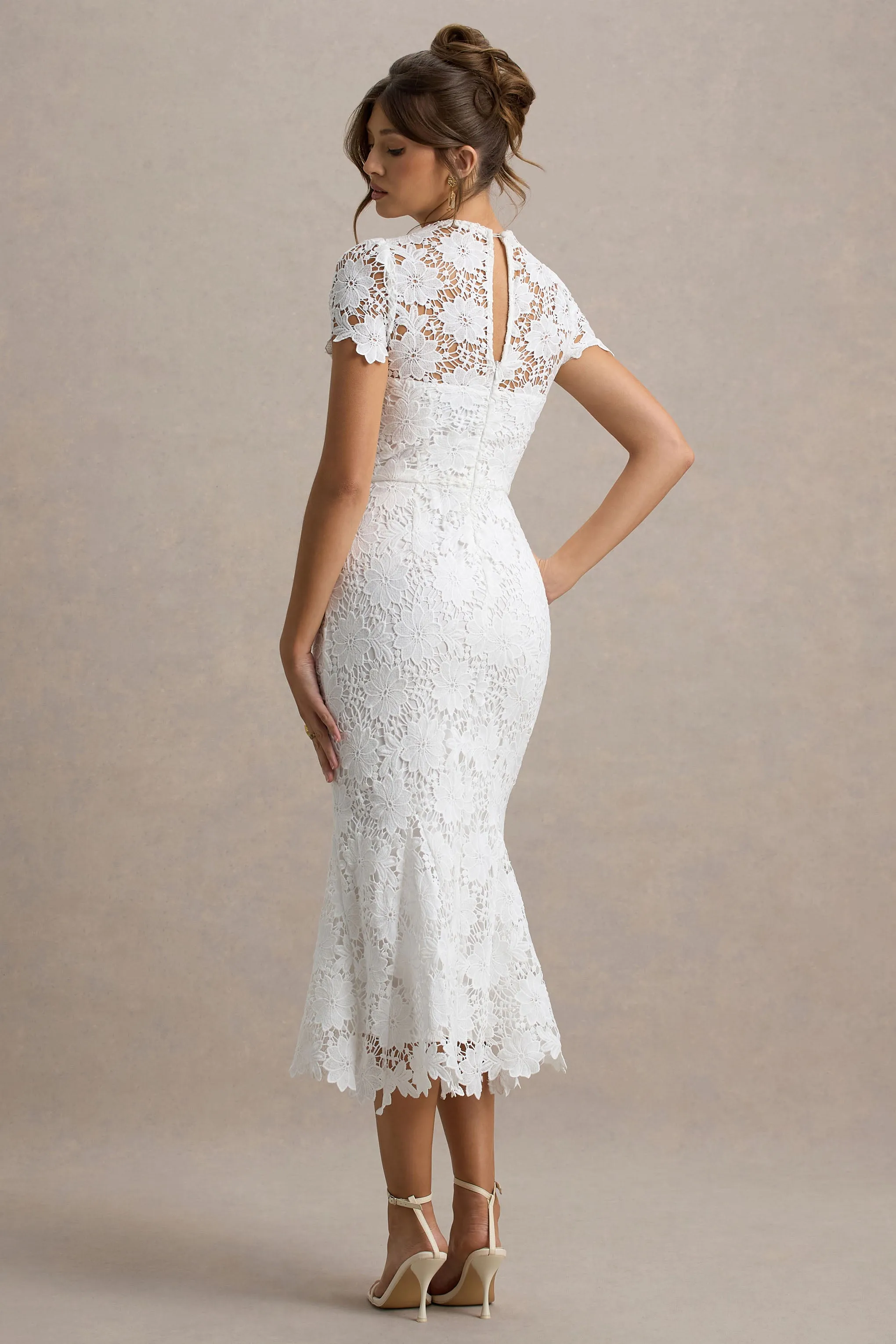 Clarissa | White Lace Short-Sleeve Pleated Midi Dress Club L London