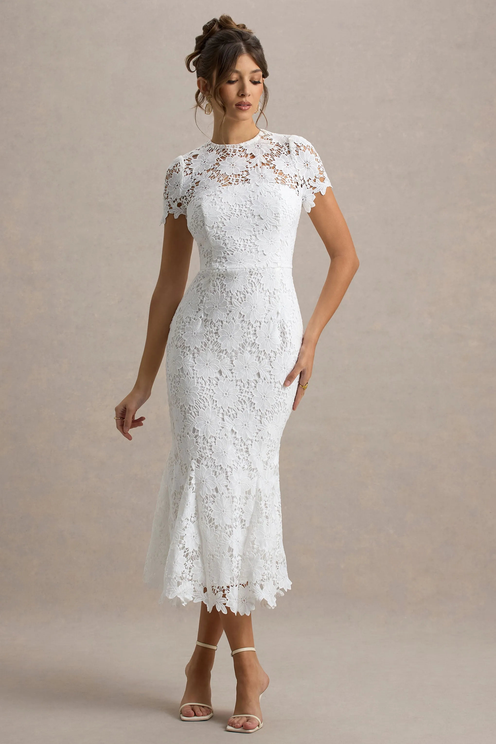 Clarissa | White Lace Short-Sleeve Pleated Midi Dress Club L London