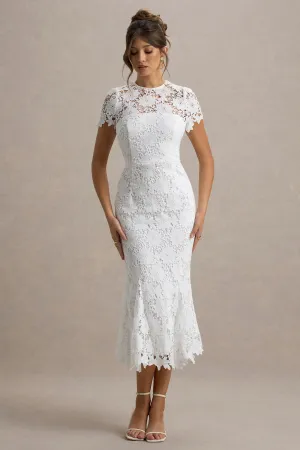 Clarissa | White Lace Short-Sleeve Pleated Midi Dress Club L London