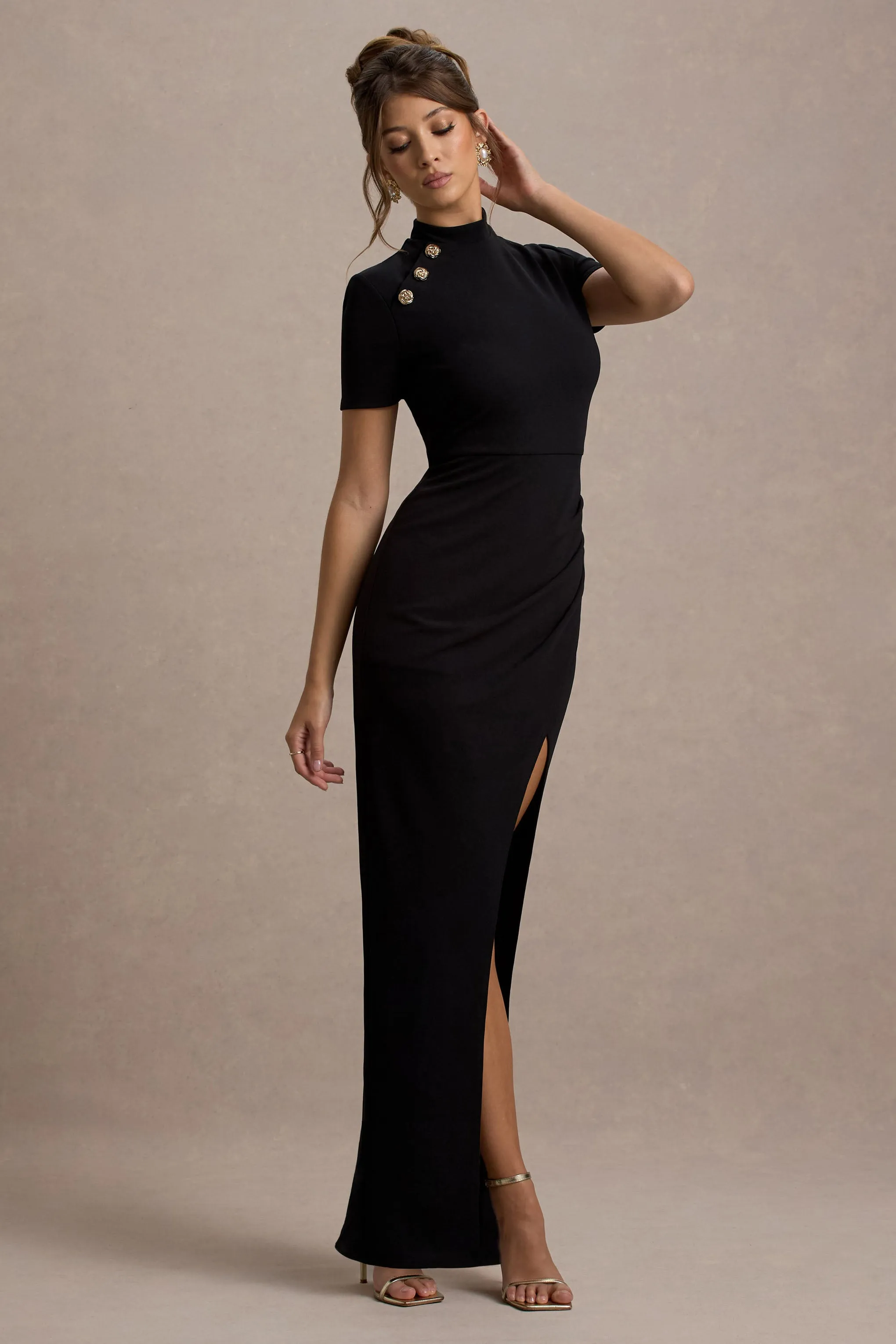 Claudetta | Black High-Neck Short-Sleeve Split Maxi Dress Club L London
