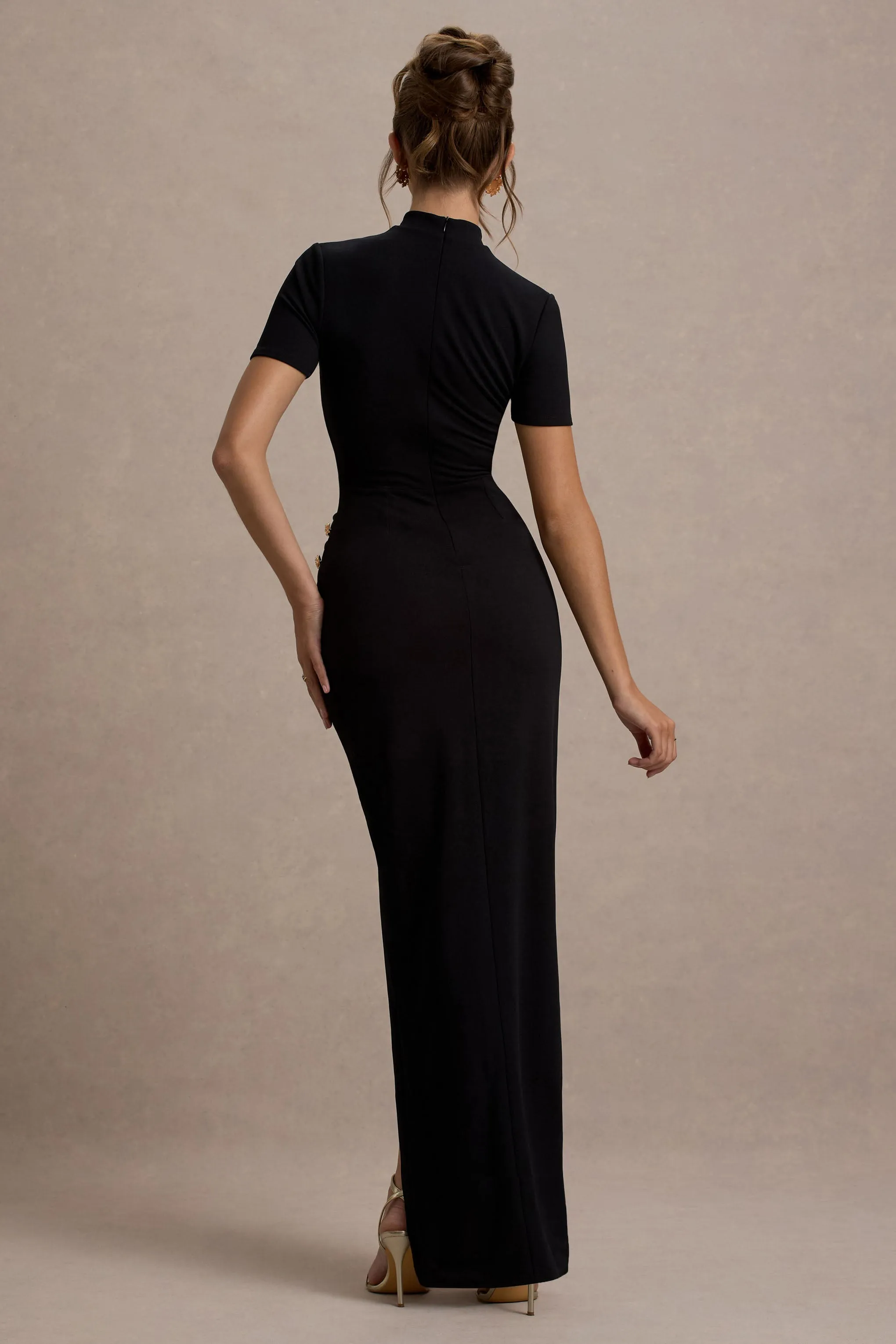 Claudetta | Black High-Neck Short-Sleeve Split Maxi Dress Club L London