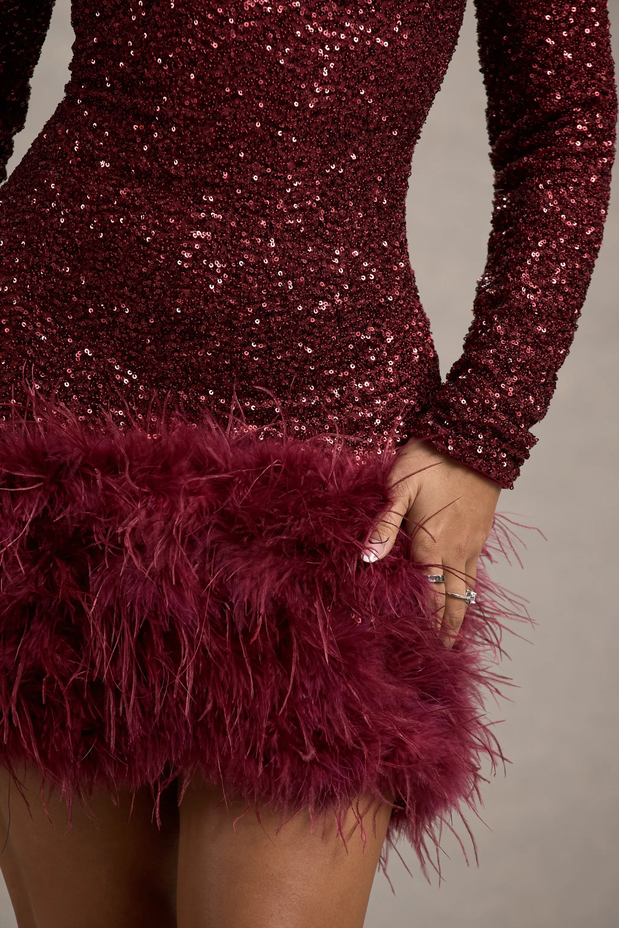 Claudia | Berry Sequin High Neck Feather Hem Mini Dress With Long Sleeves Club L London