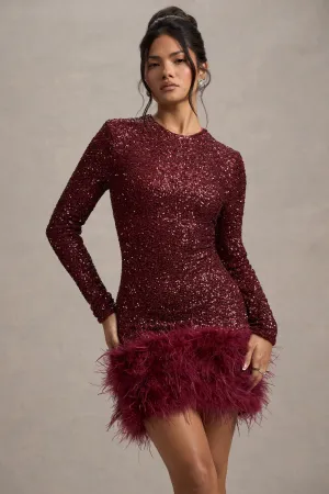 Claudia | Berry Sequin High Neck Feather Hem Mini Dress With Long Sleeves Club L London