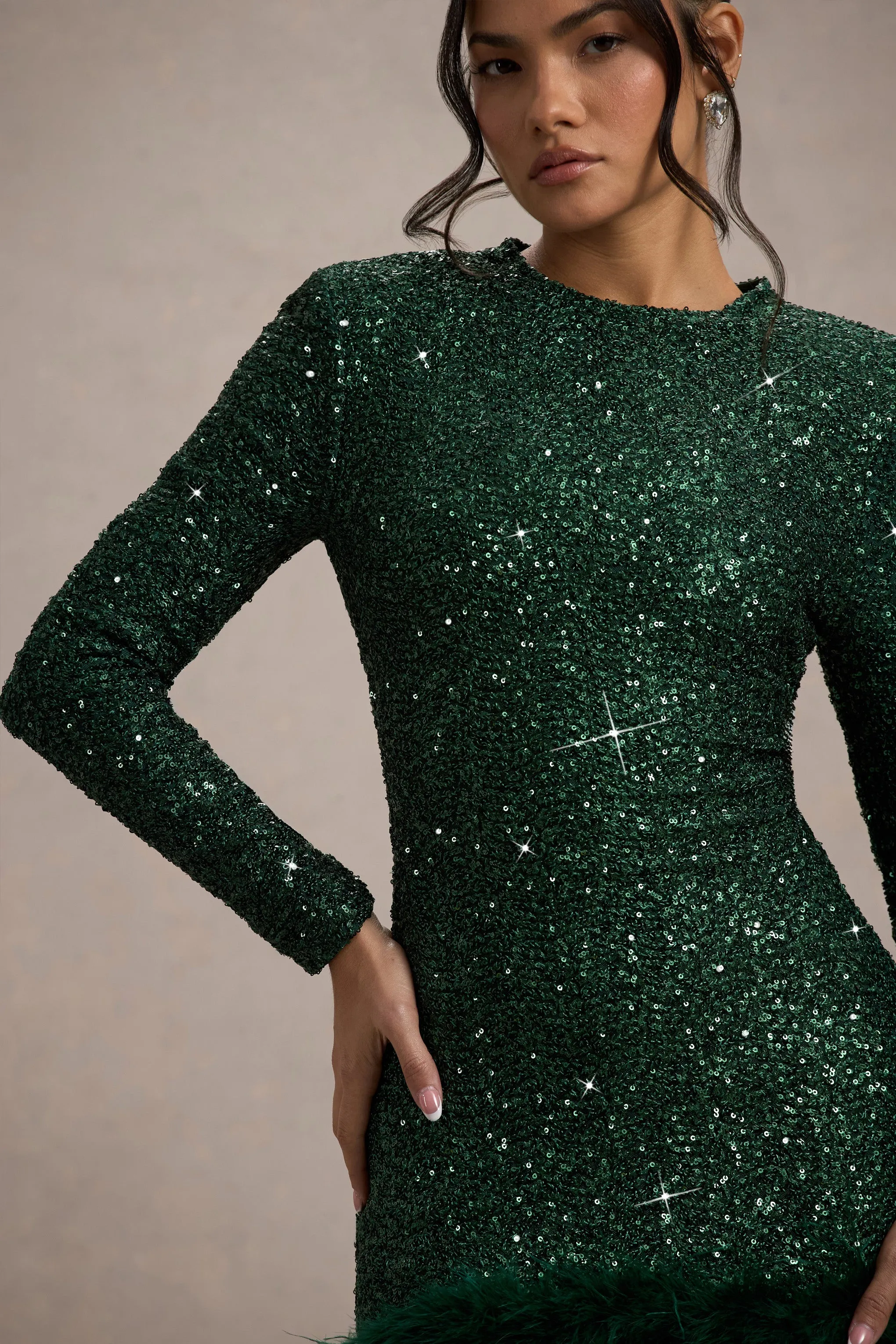 Claudia | Bottle Green Sequin High Neck Feather Hem Mini Dress With Long Sleeves Club L London