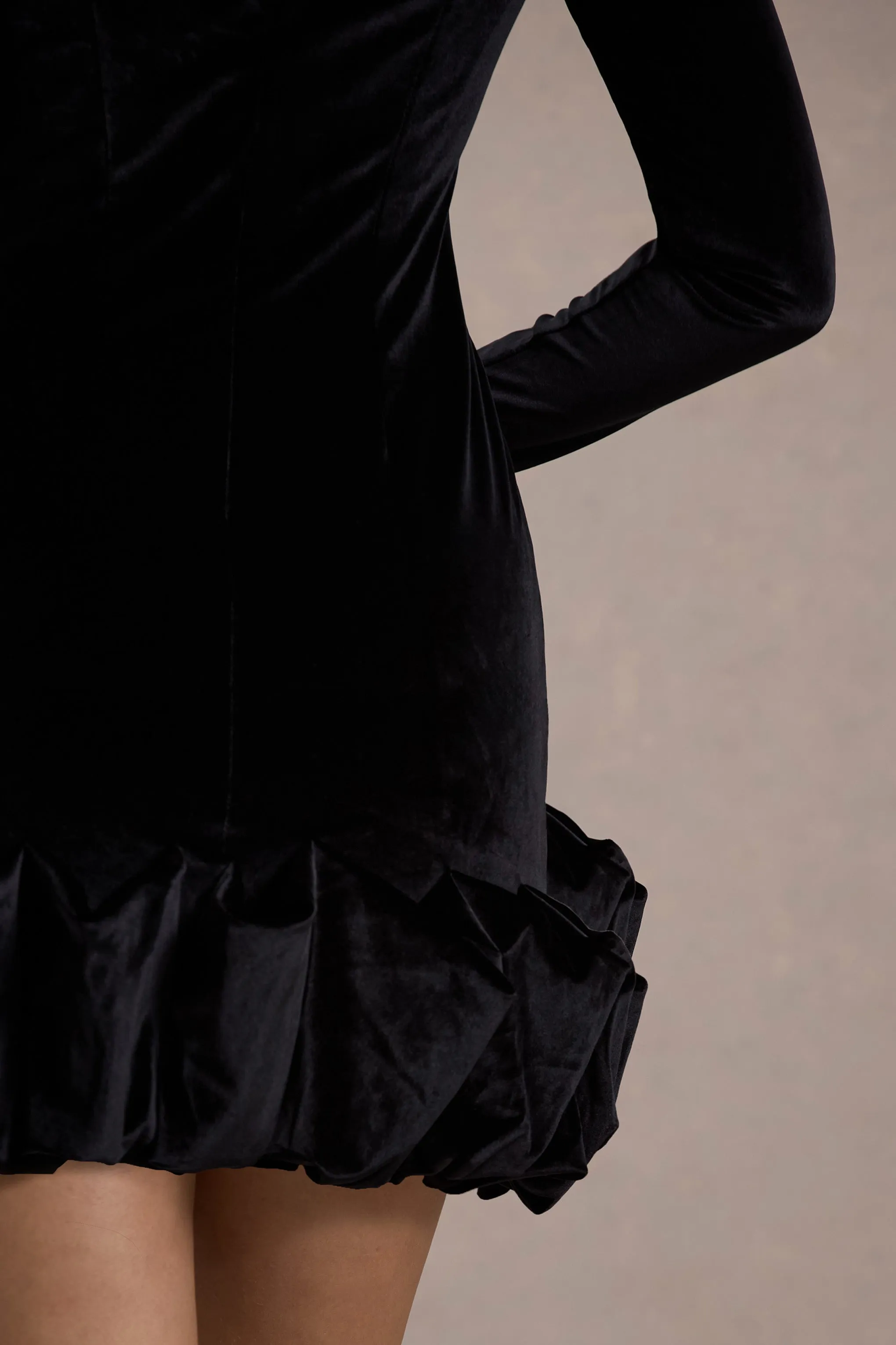 Claudine | Black Velvet Long-Sleeved Ruffled Mini Dress Club L London