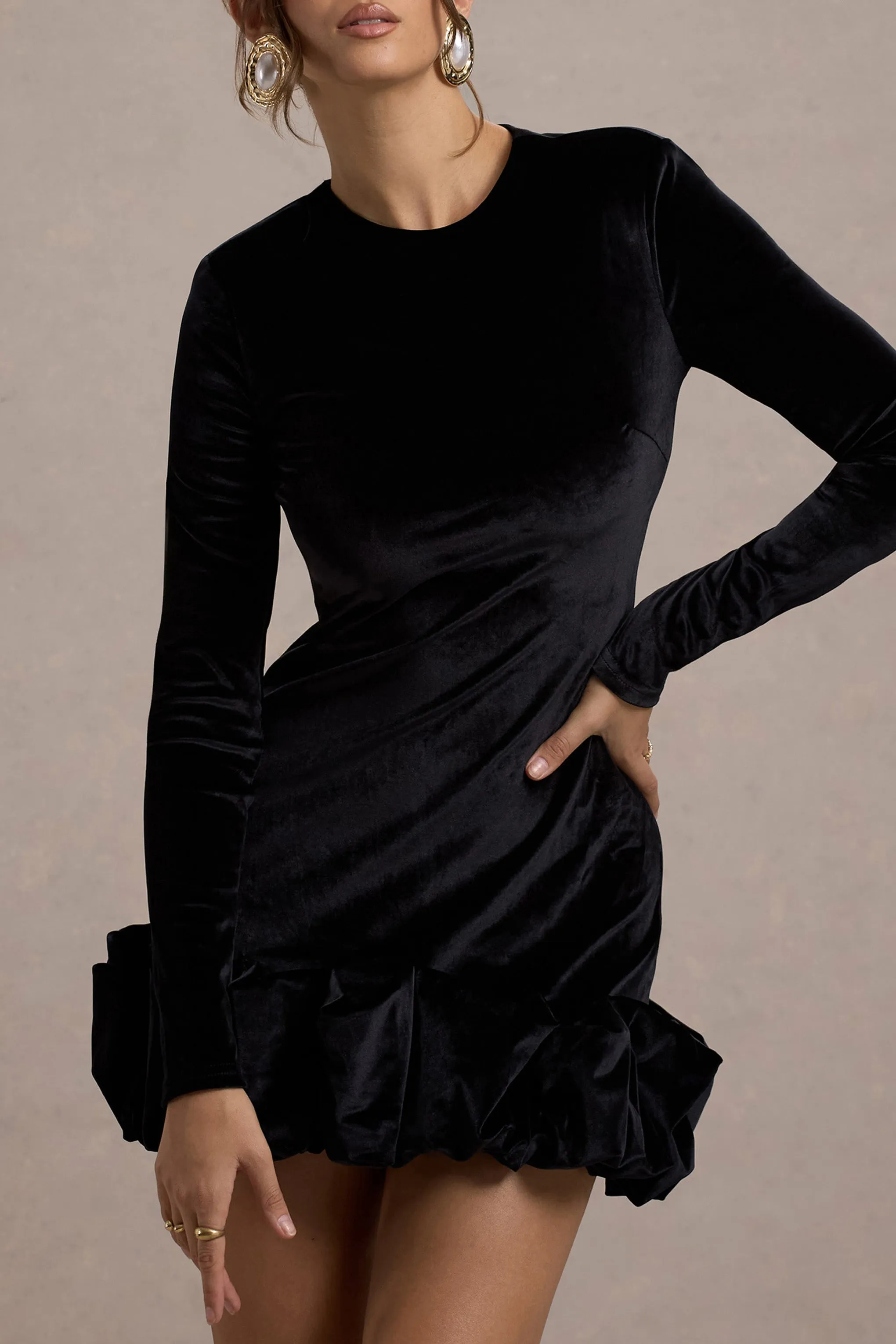 Claudine | Black Velvet Long-Sleeved Ruffled Mini Dress Club L London