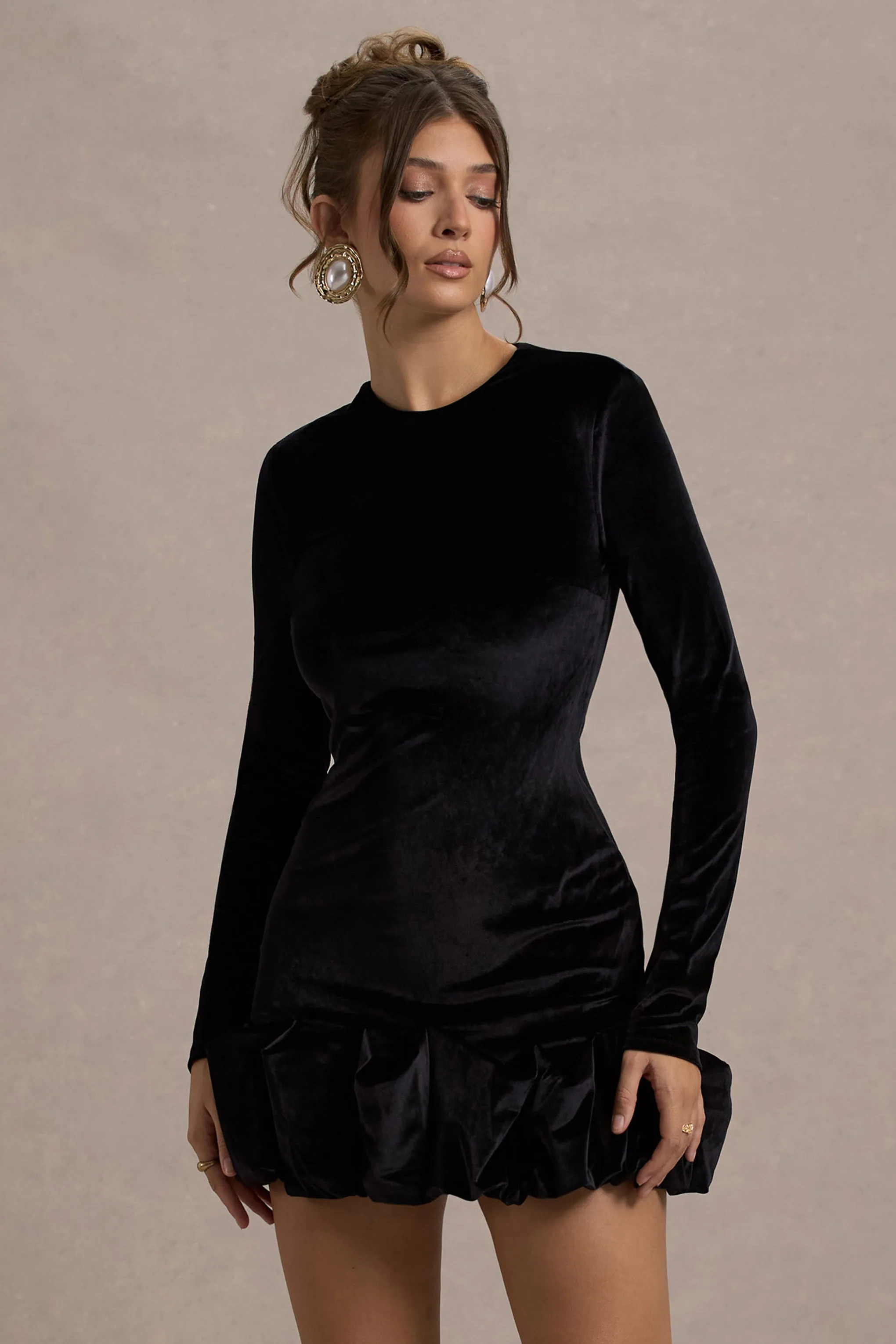 Claudine | Black Velvet Long-Sleeved Ruffled Mini Dress Club L London
