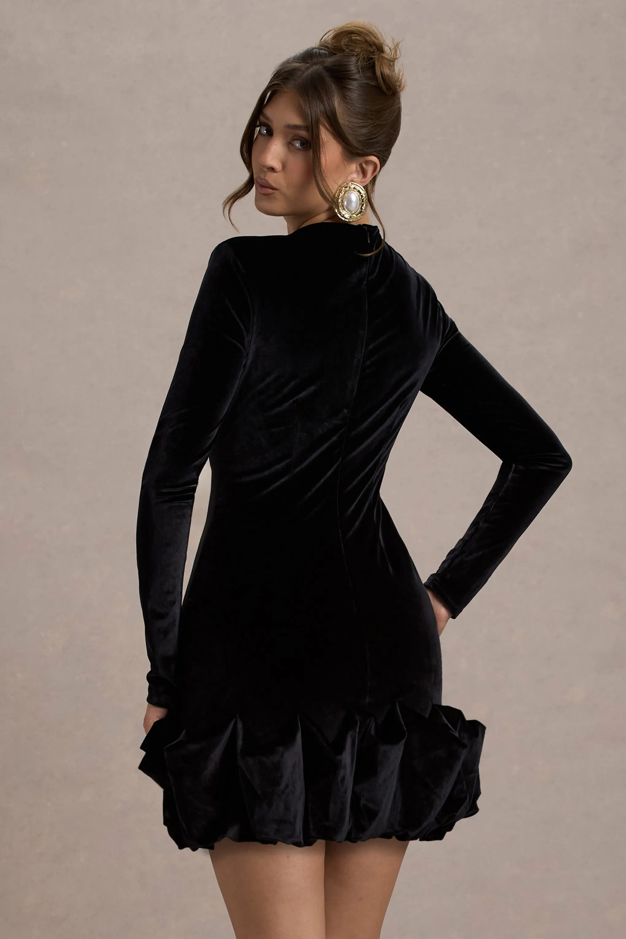 Claudine | Black Velvet Long-Sleeved Ruffled Mini Dress Club L London