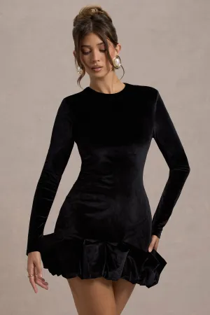 Claudine | Black Velvet Long-Sleeved Ruffled Mini Dress Club L London