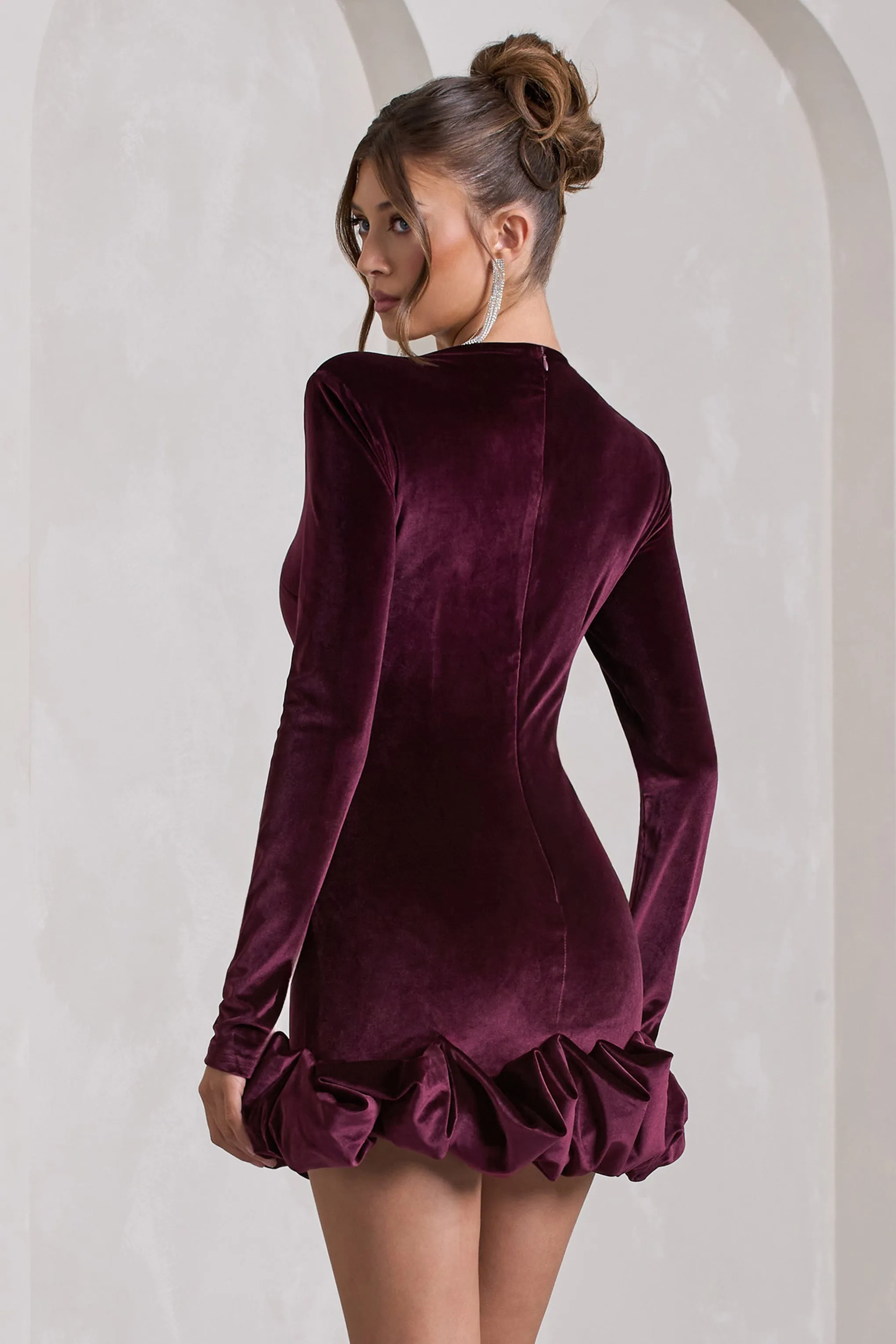 Claudine | Port Velvet Long-Sleeved Ruffled Mini Dress Club L London