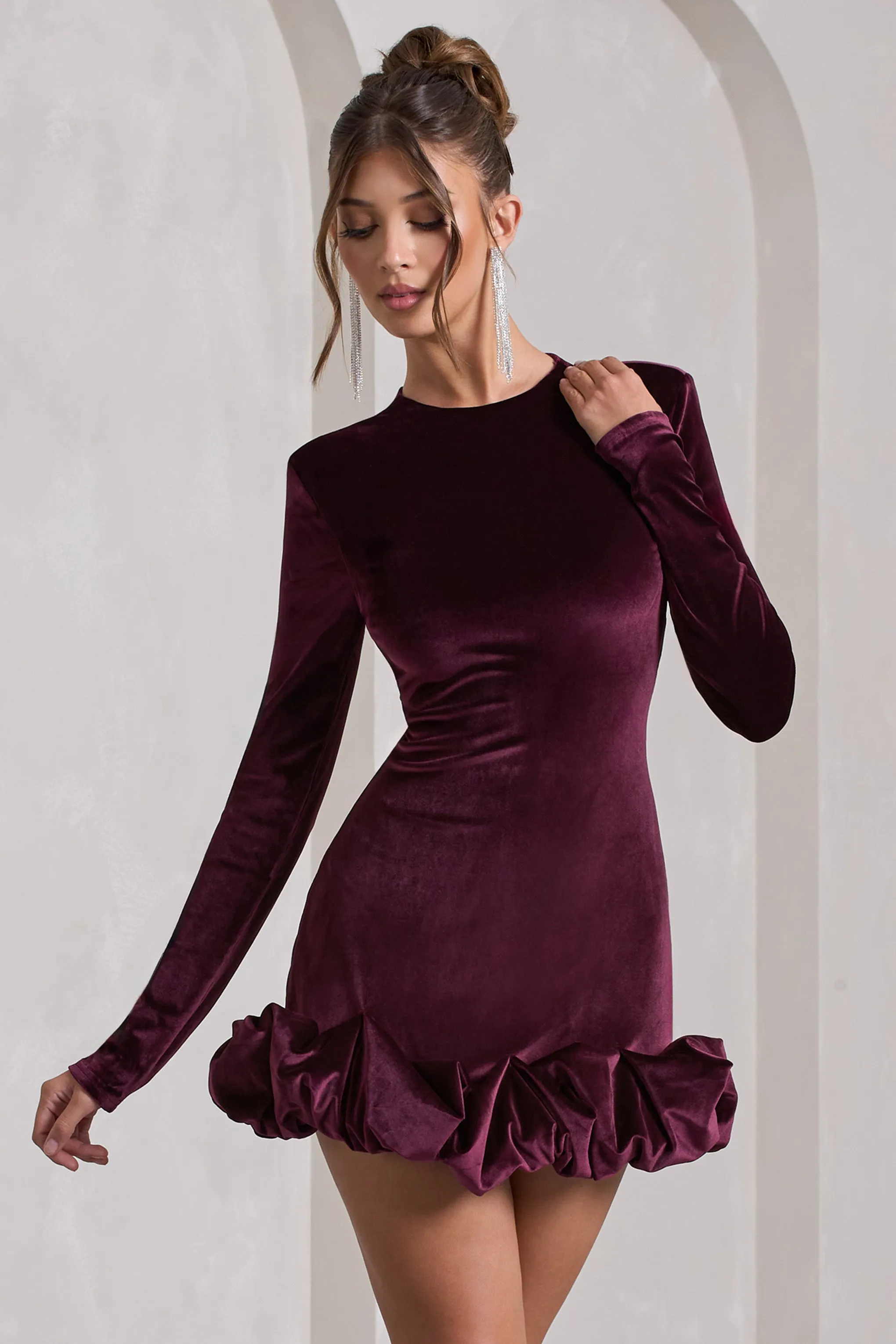 Claudine | Port Velvet Long-Sleeved Ruffled Mini Dress Club L London