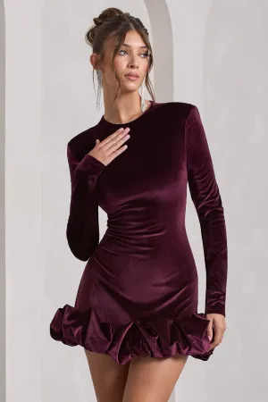 Claudine | Port Velvet Long-Sleeved Ruffled Mini Dress Club L London