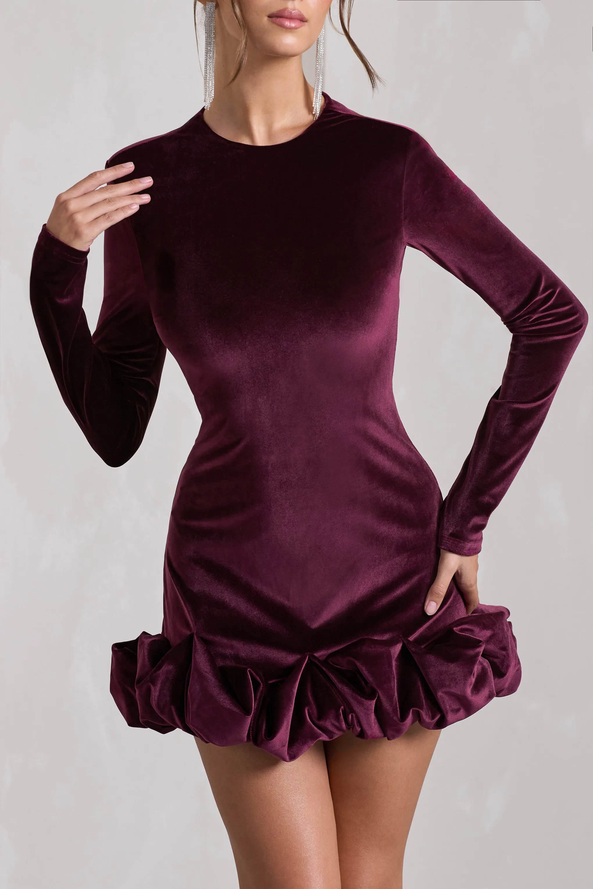 Claudine | Port Velvet Long-Sleeved Ruffled Mini Dress Club L London