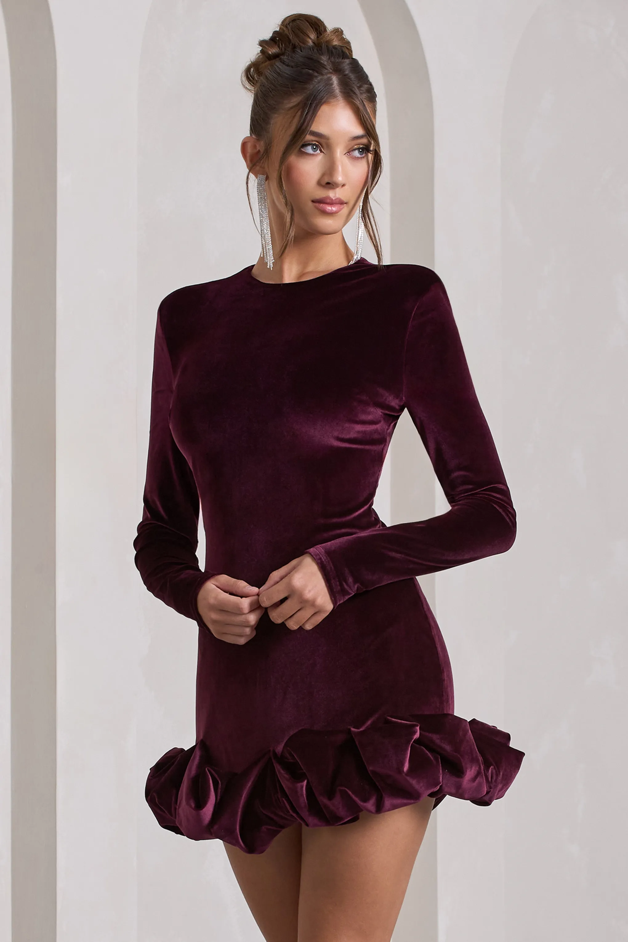 Claudine | Port Velvet Long-Sleeved Ruffled Mini Dress Club L London