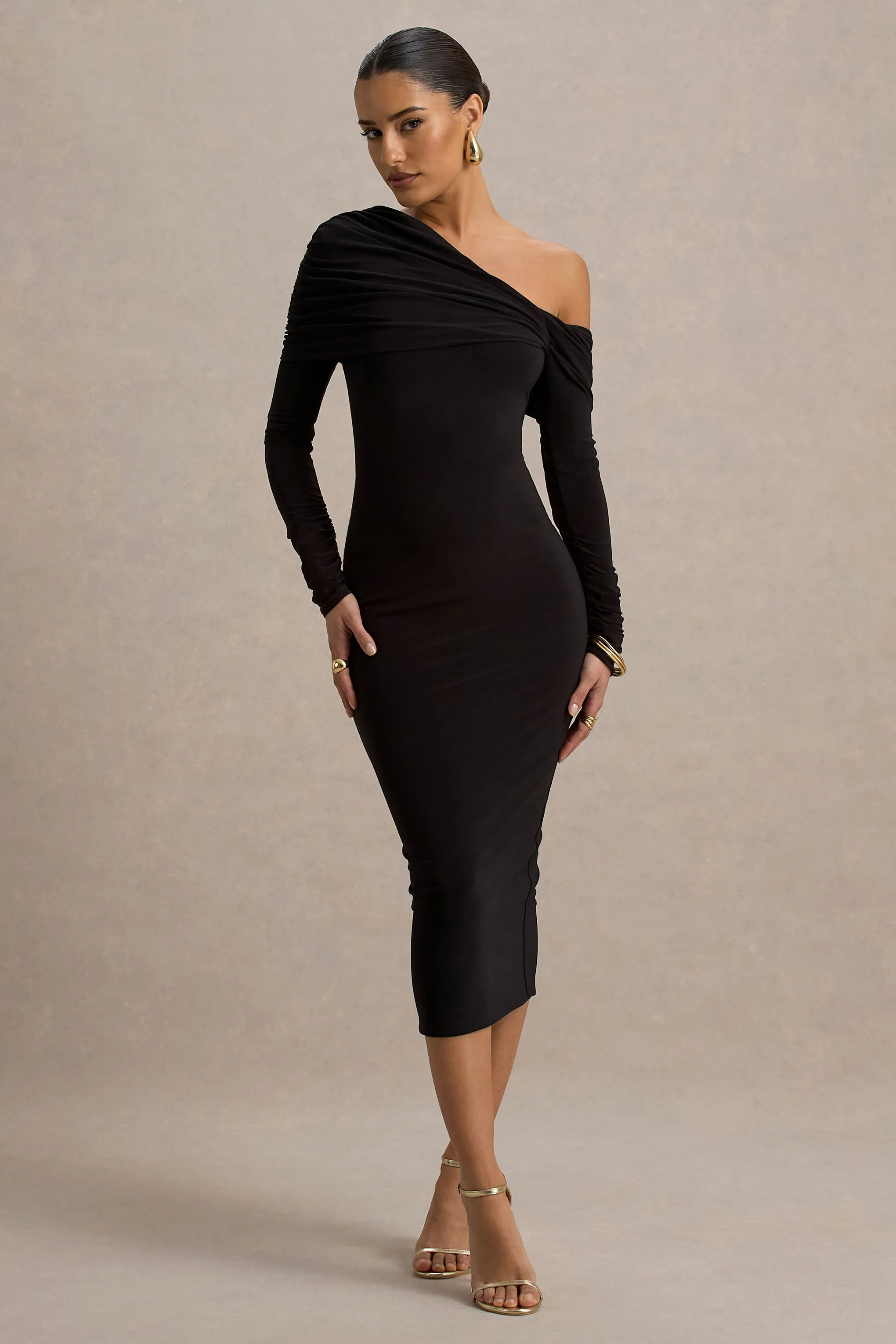 Cleo | Black Bodycon Midi Dress With Mesh Sleeves Club L London