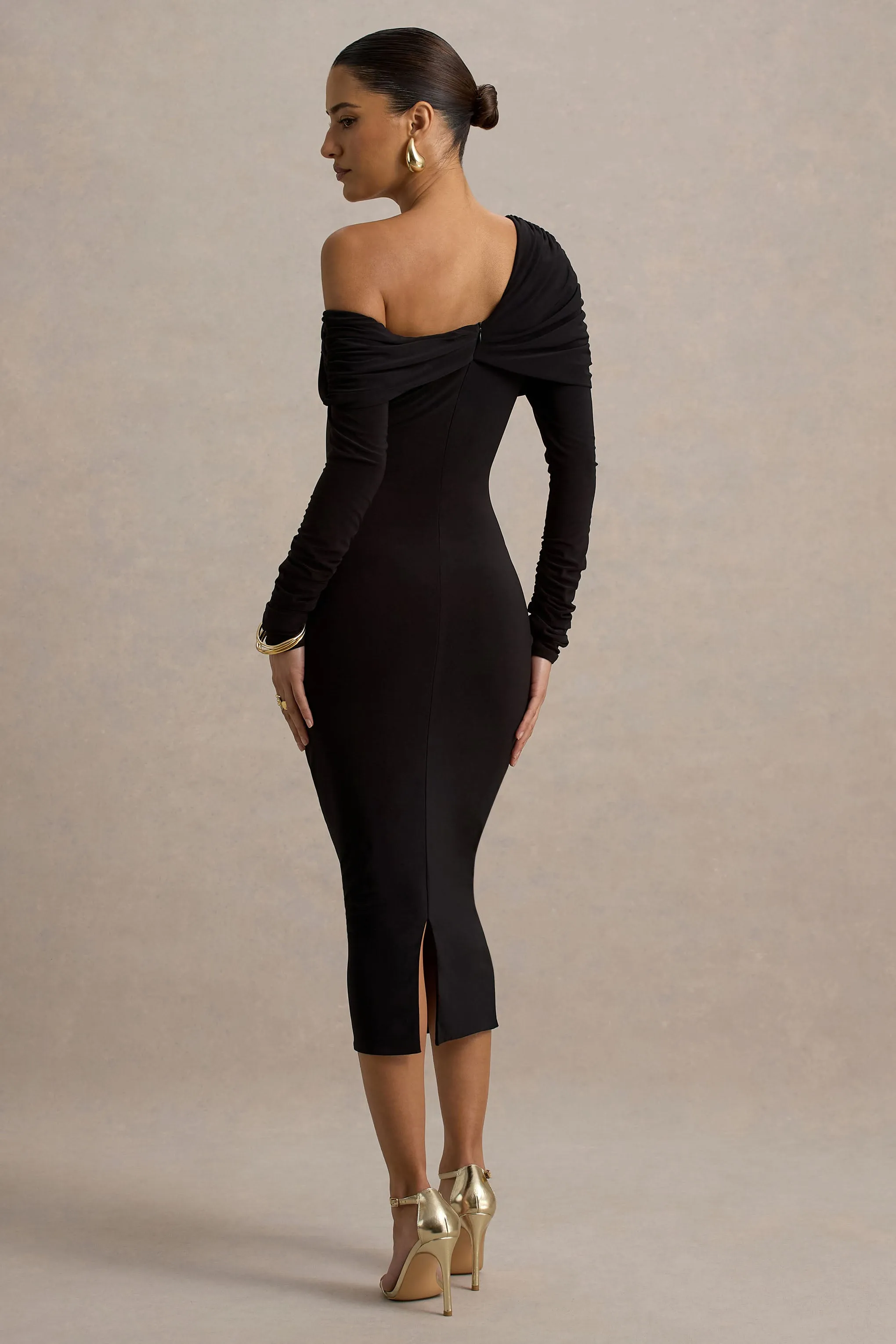 Cleo | Black Bodycon Midi Dress With Mesh Sleeves Club L London