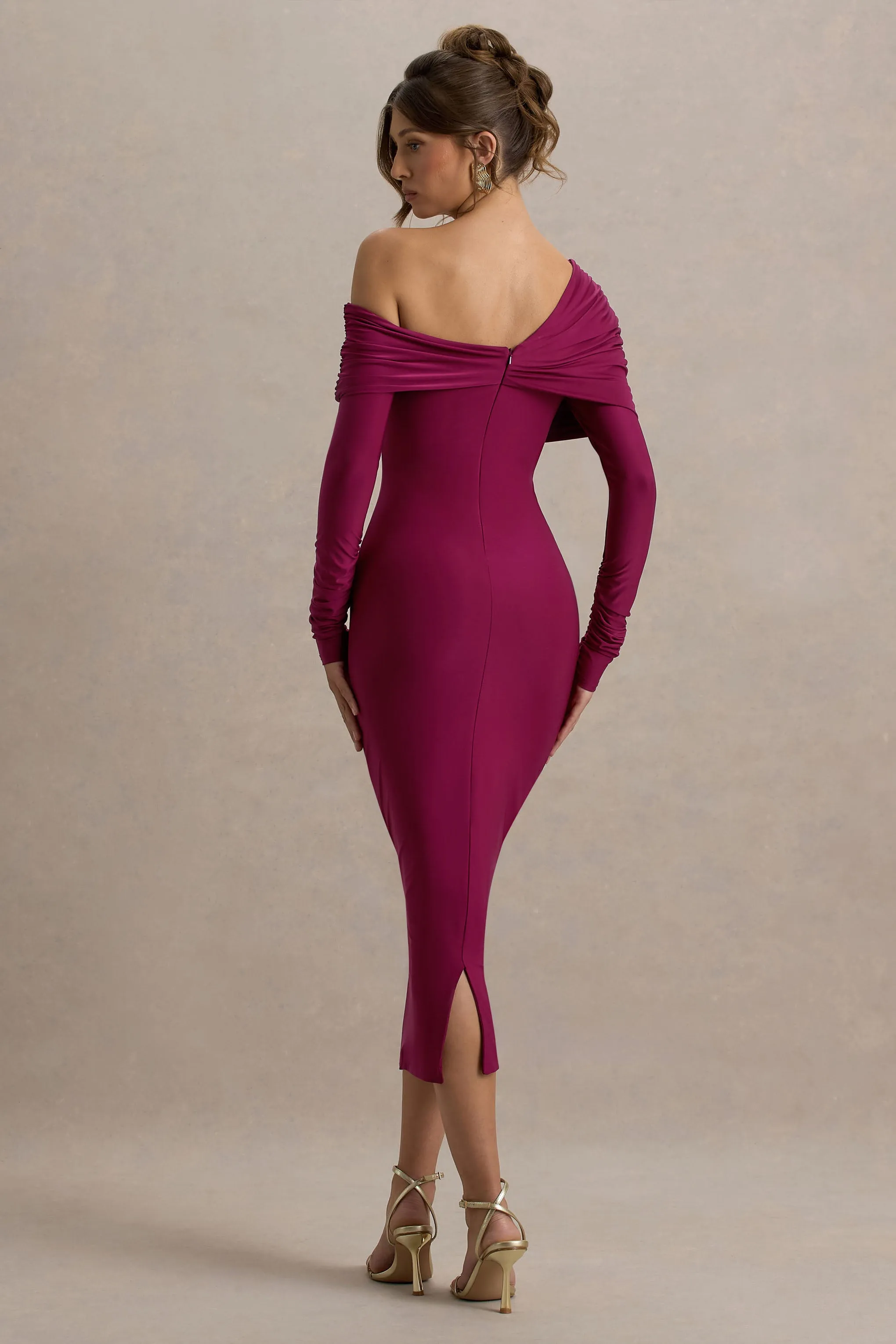 Cleo | Burgundy Bodycon Midi Dress With Mesh Sleeves Club L London