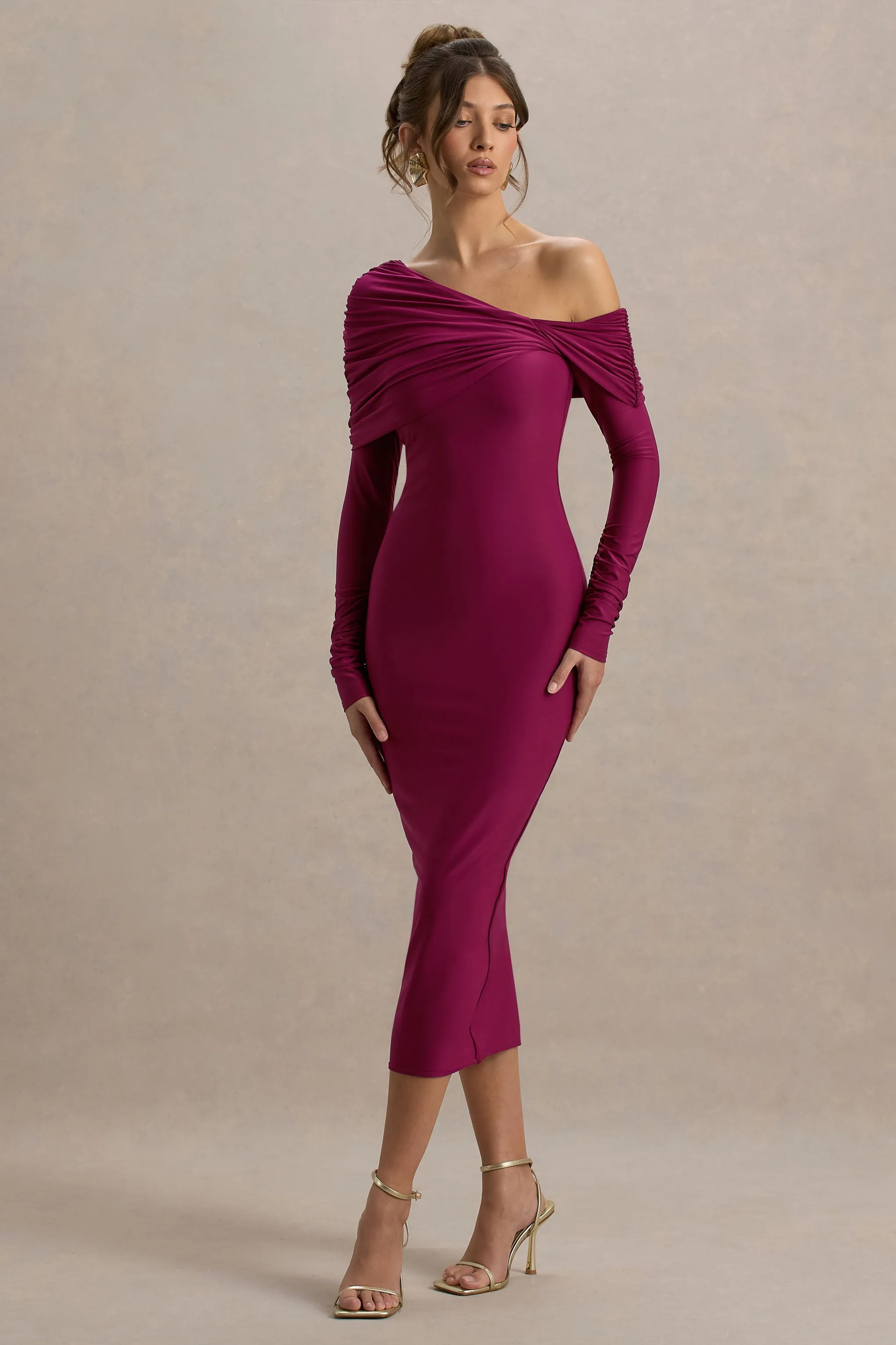 Cleo | Burgundy Bodycon Midi Dress With Mesh Sleeves Club L London