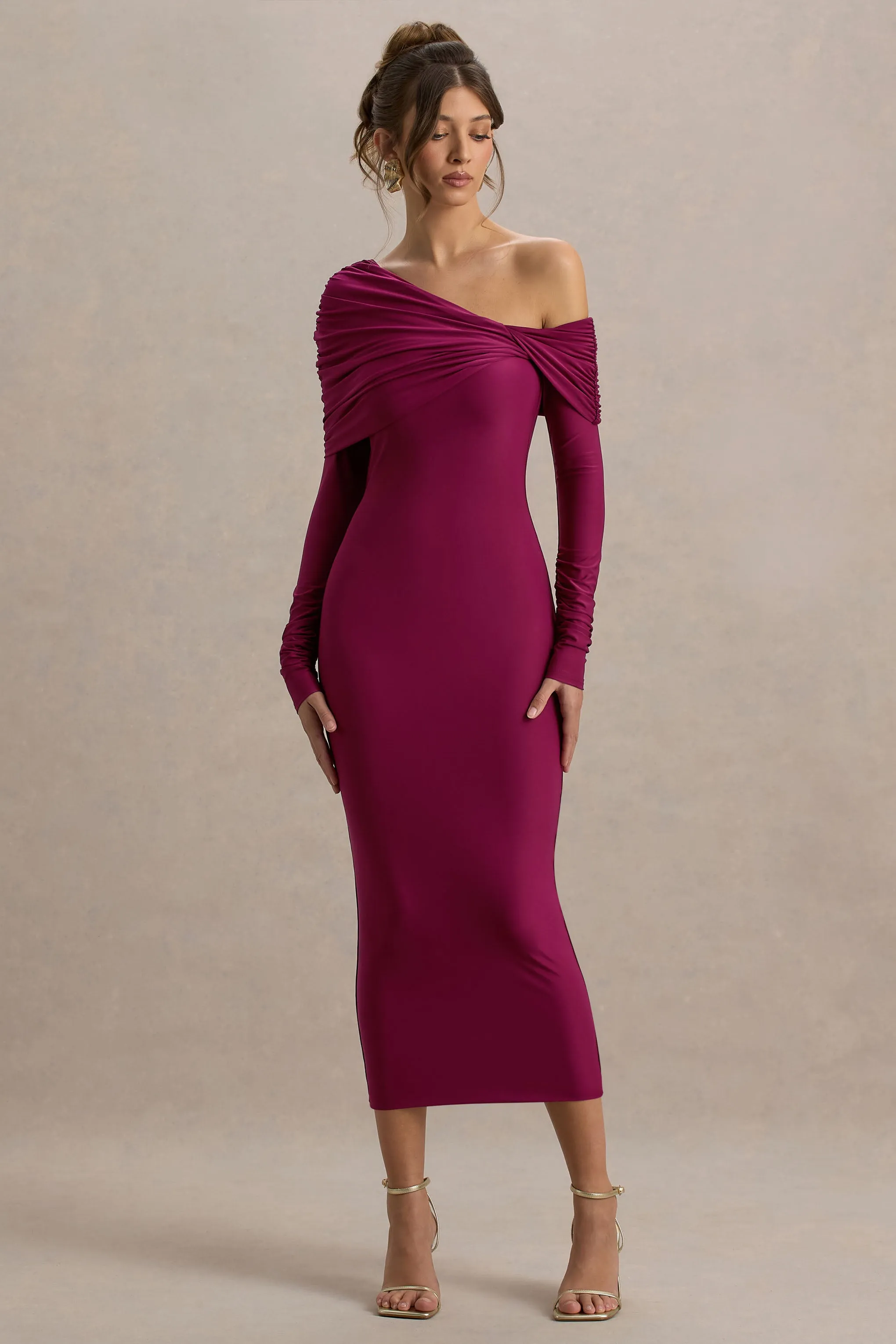 Cleo | Burgundy Bodycon Midi Dress With Mesh Sleeves Club L London