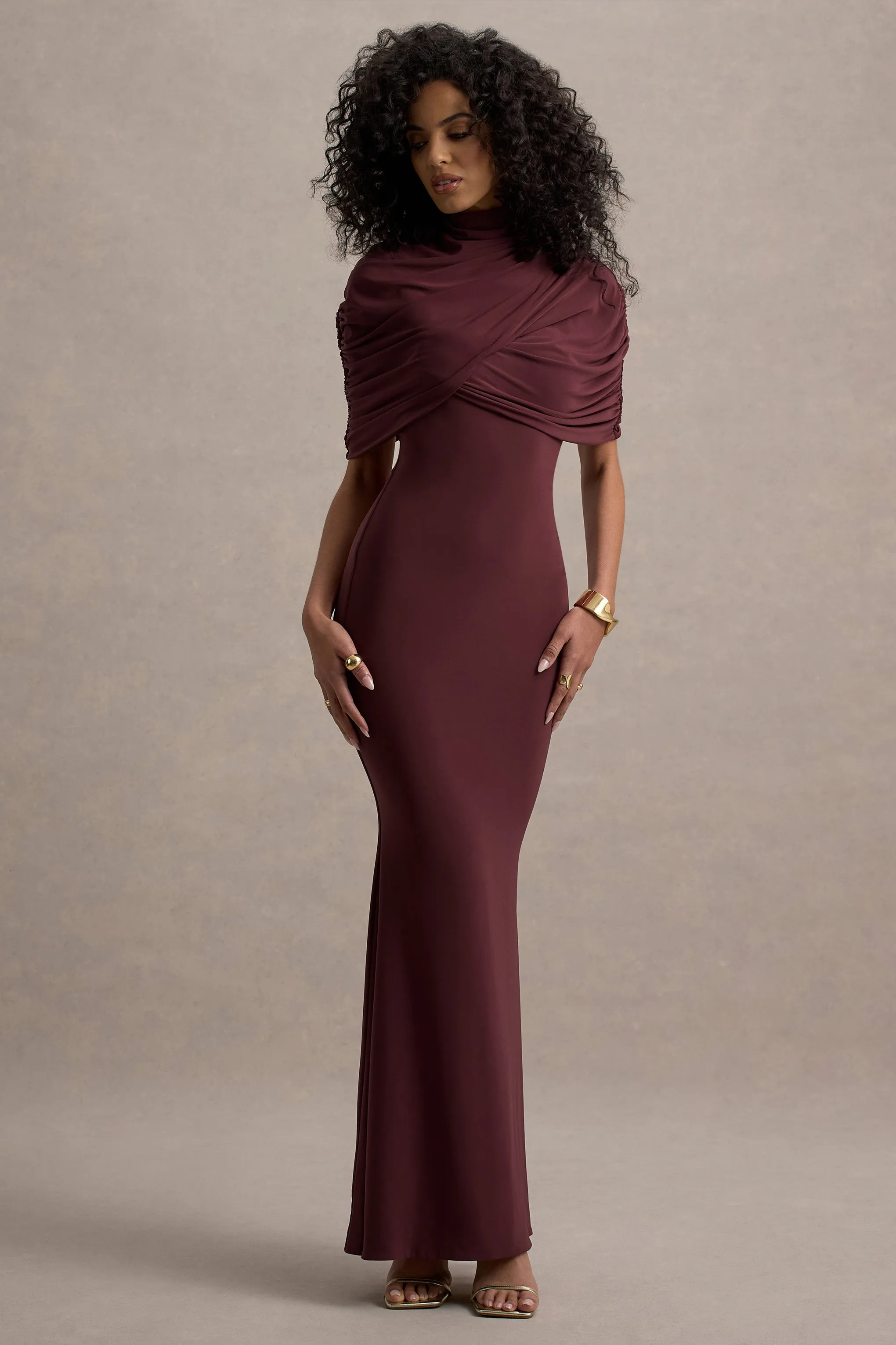 Cleora | Burgundy Twist Cape Maxi Dress Club L London