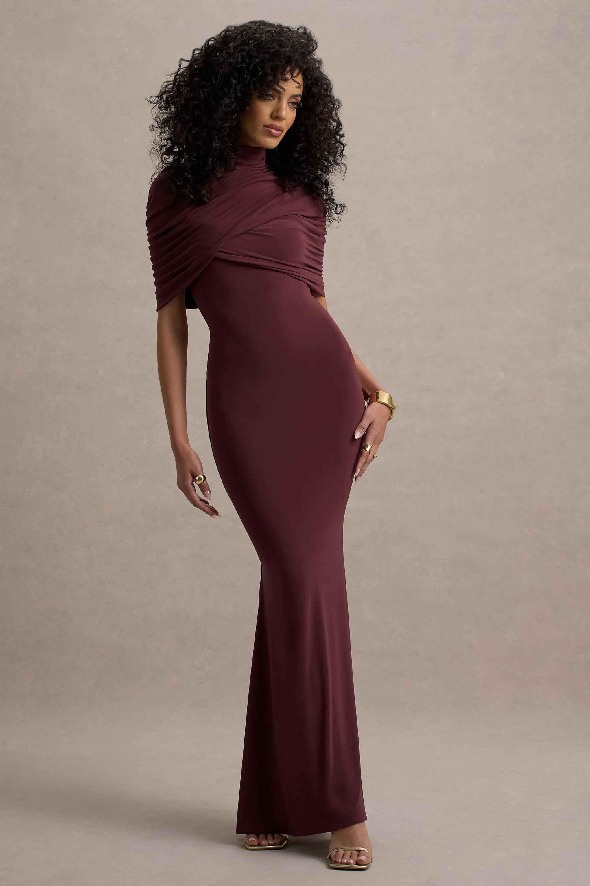 Cleora | Burgundy Twist Cape Maxi Dress Club L London