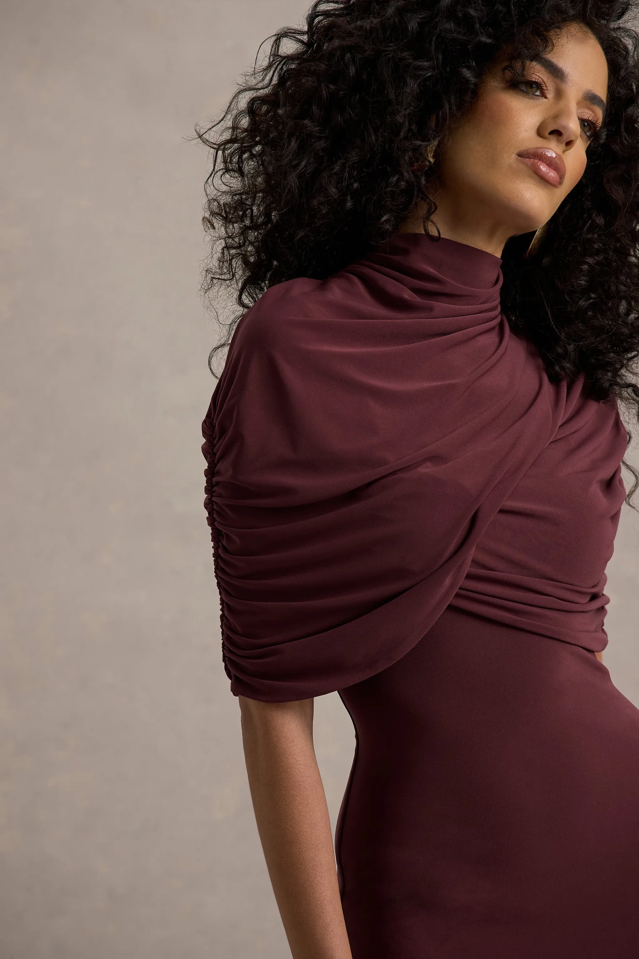 Cleora | Burgundy Twist Cape Maxi Dress Club L London