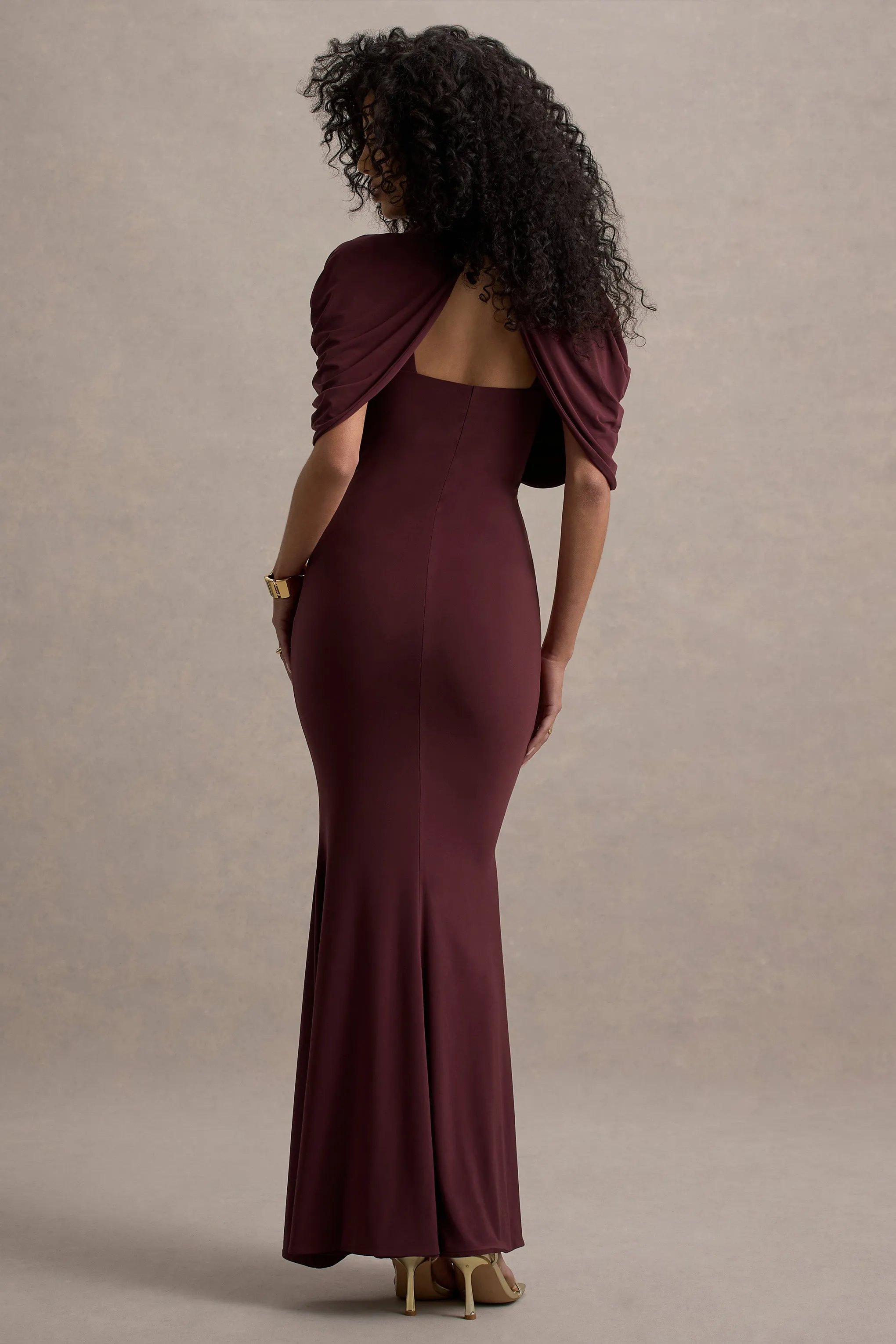 Cleora | Burgundy Twist Cape Maxi Dress Club L London