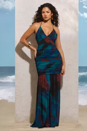 Clio | Blue Print Halter-Neck Chiffon Maxi Dress Club L London