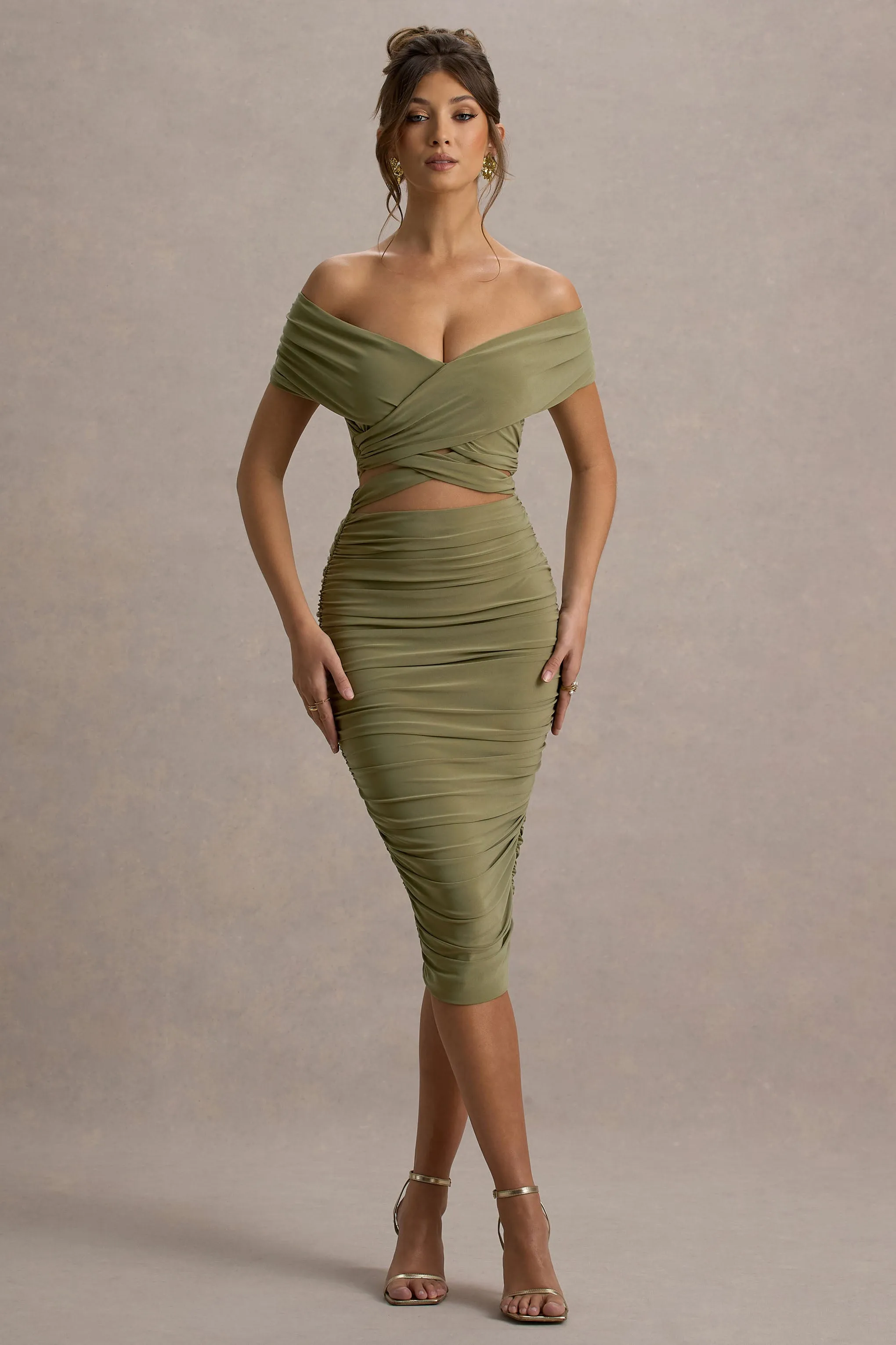 Clovette | Olive Ruched Bardot Cut-Out Midi Dress Club L London