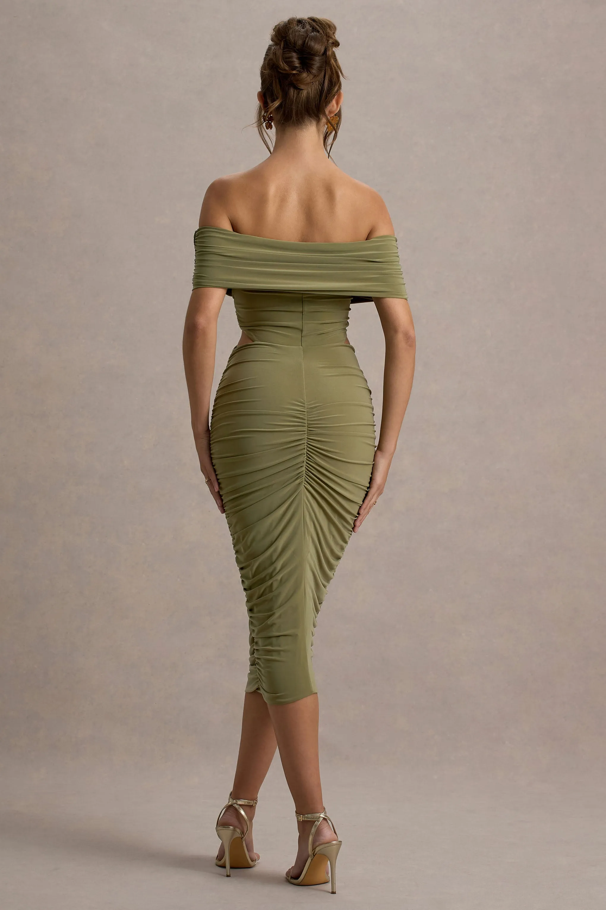 Clovette | Olive Ruched Bardot Cut-Out Midi Dress Club L London