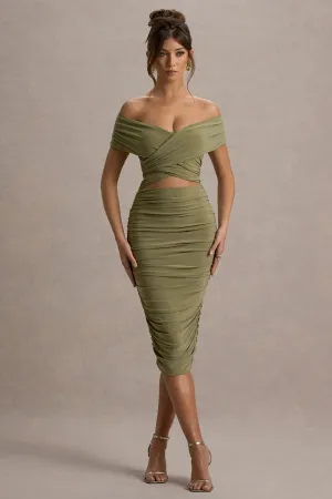 Clovette | Olive Ruched Bardot Cut-Out Midi Dress Club L London