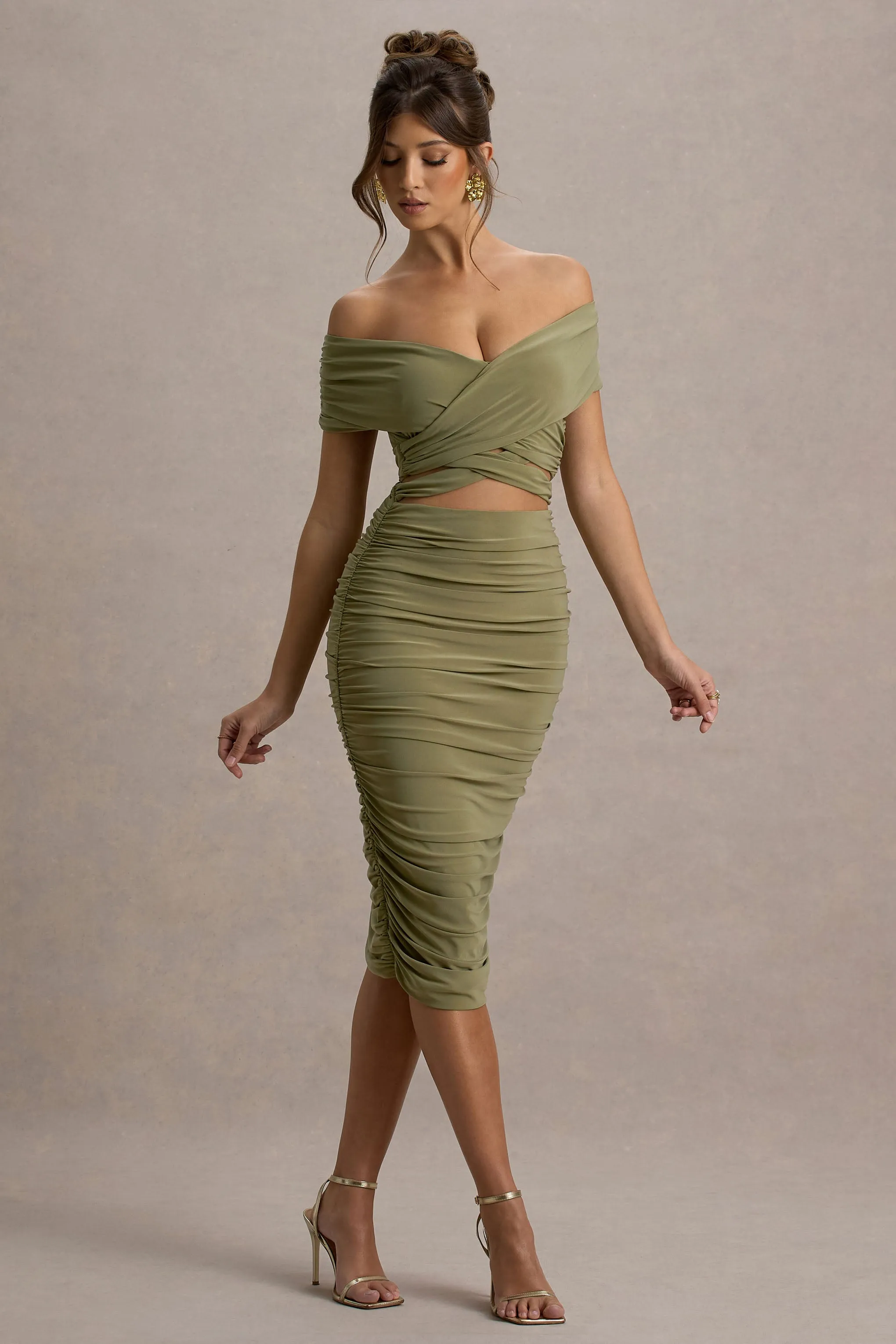 Clovette | Olive Ruched Bardot Cut-Out Midi Dress Club L London