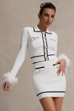 Coco Crush | Cream Knit Cropped Cardigan With Feather Cuffs Club L London