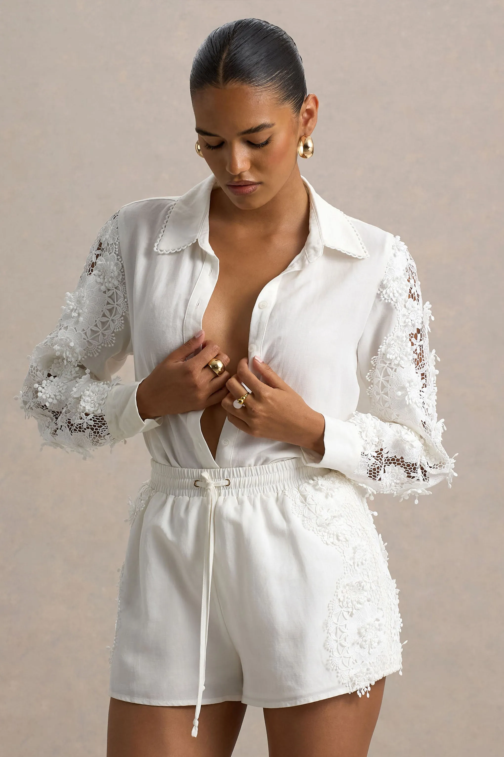 Coconut | Ecru Linen Button-Up Shirt With Lace Detail Club L London