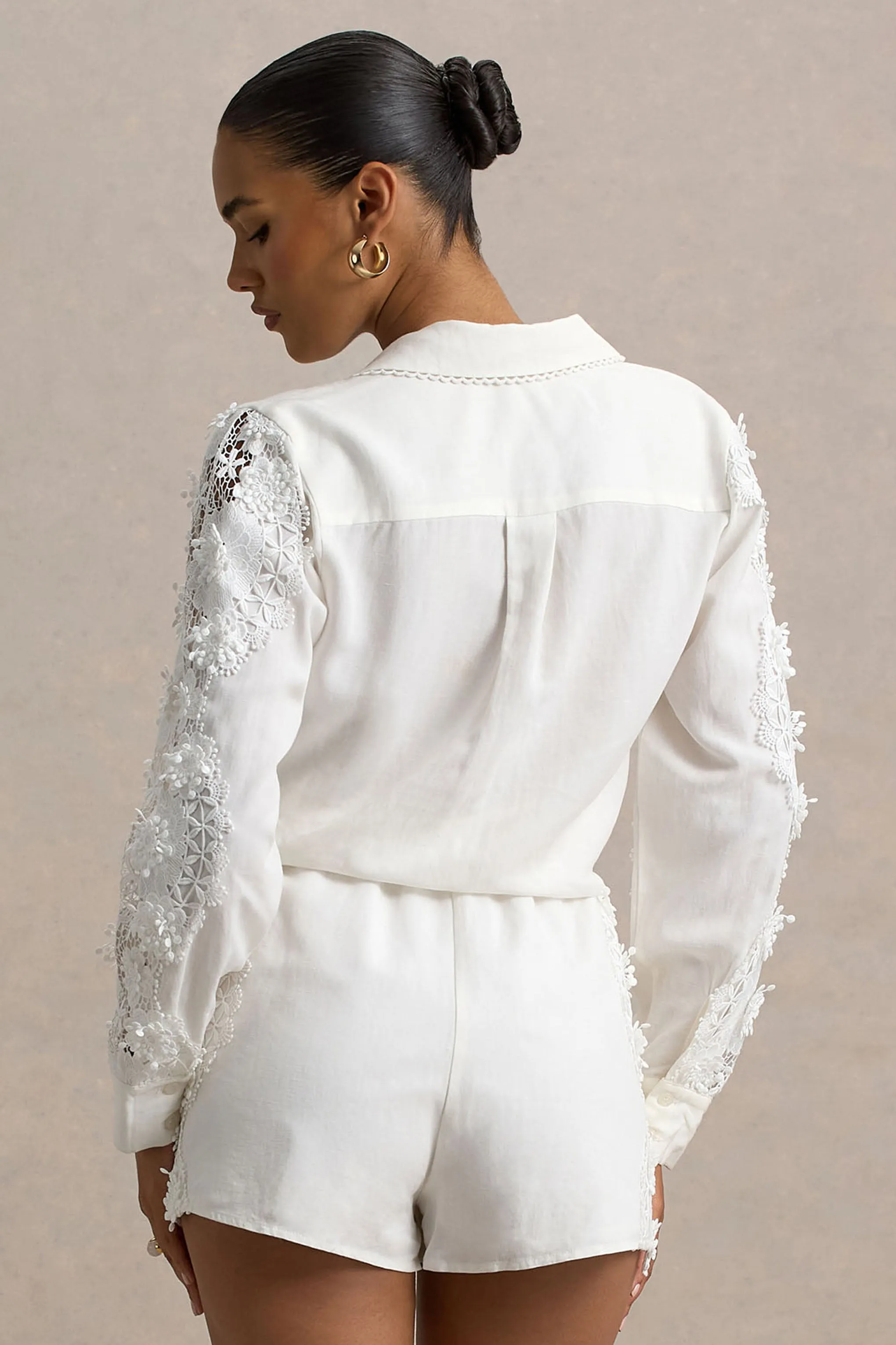 Coconut | Ecru Linen Button-Up Shirt With Lace Detail Club L London