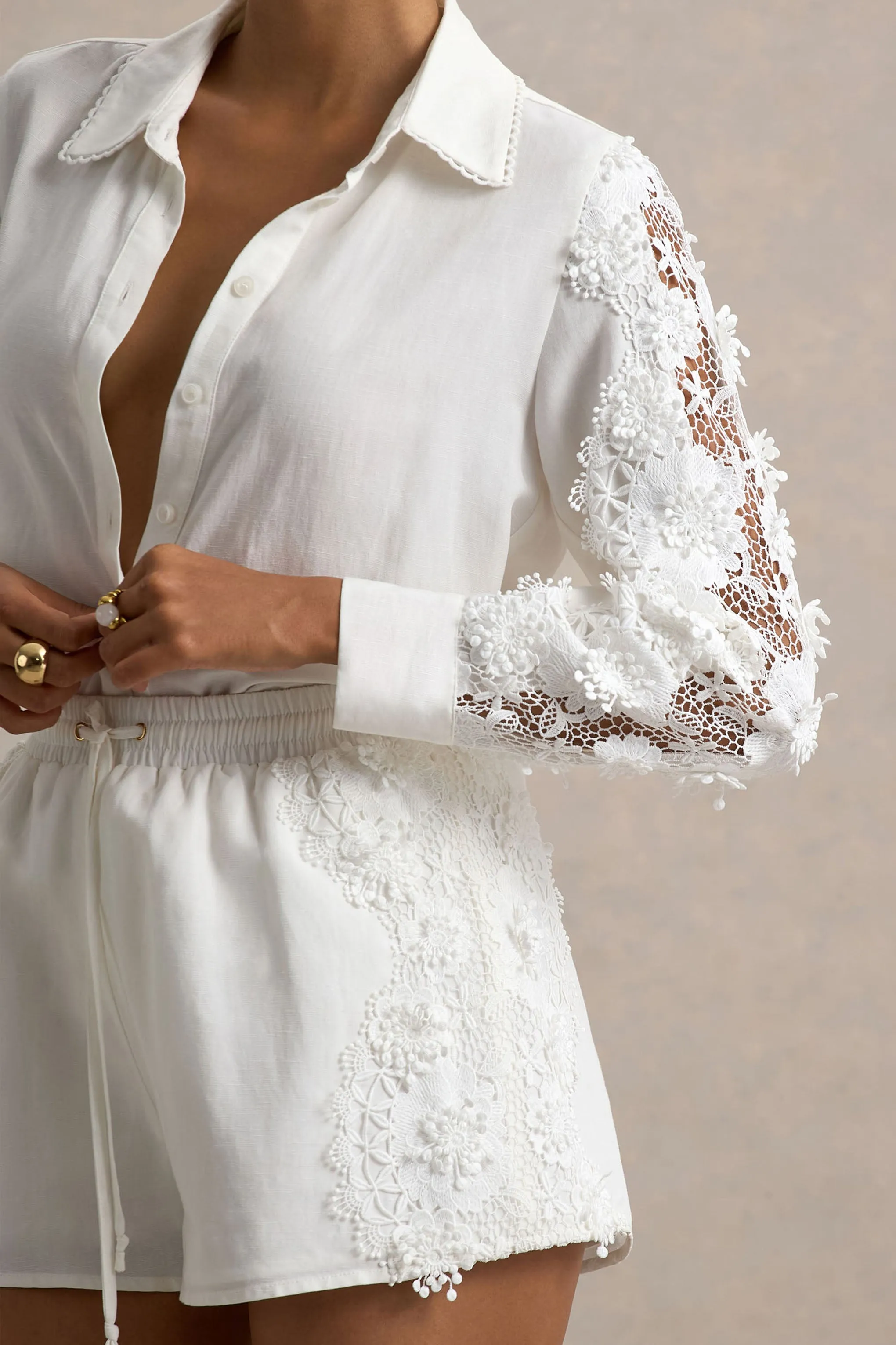 Coconut | Ecru Linen Button-Up Shirt With Lace Detail Club L London