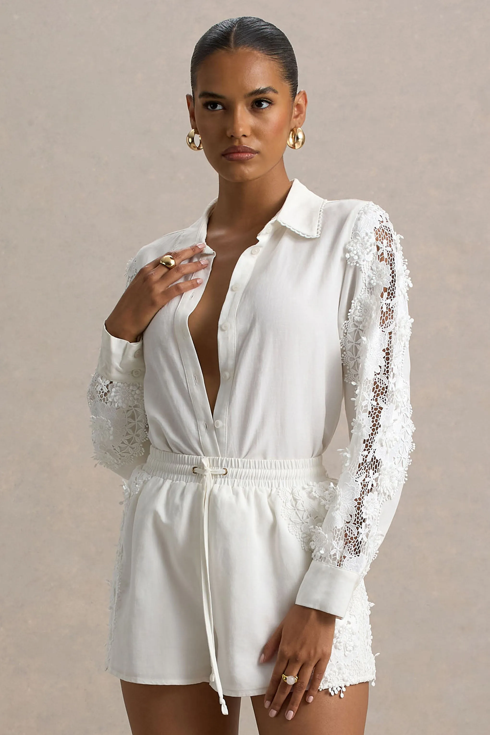 Coconut | Ecru Linen Button-Up Shirt With Lace Detail Club L London