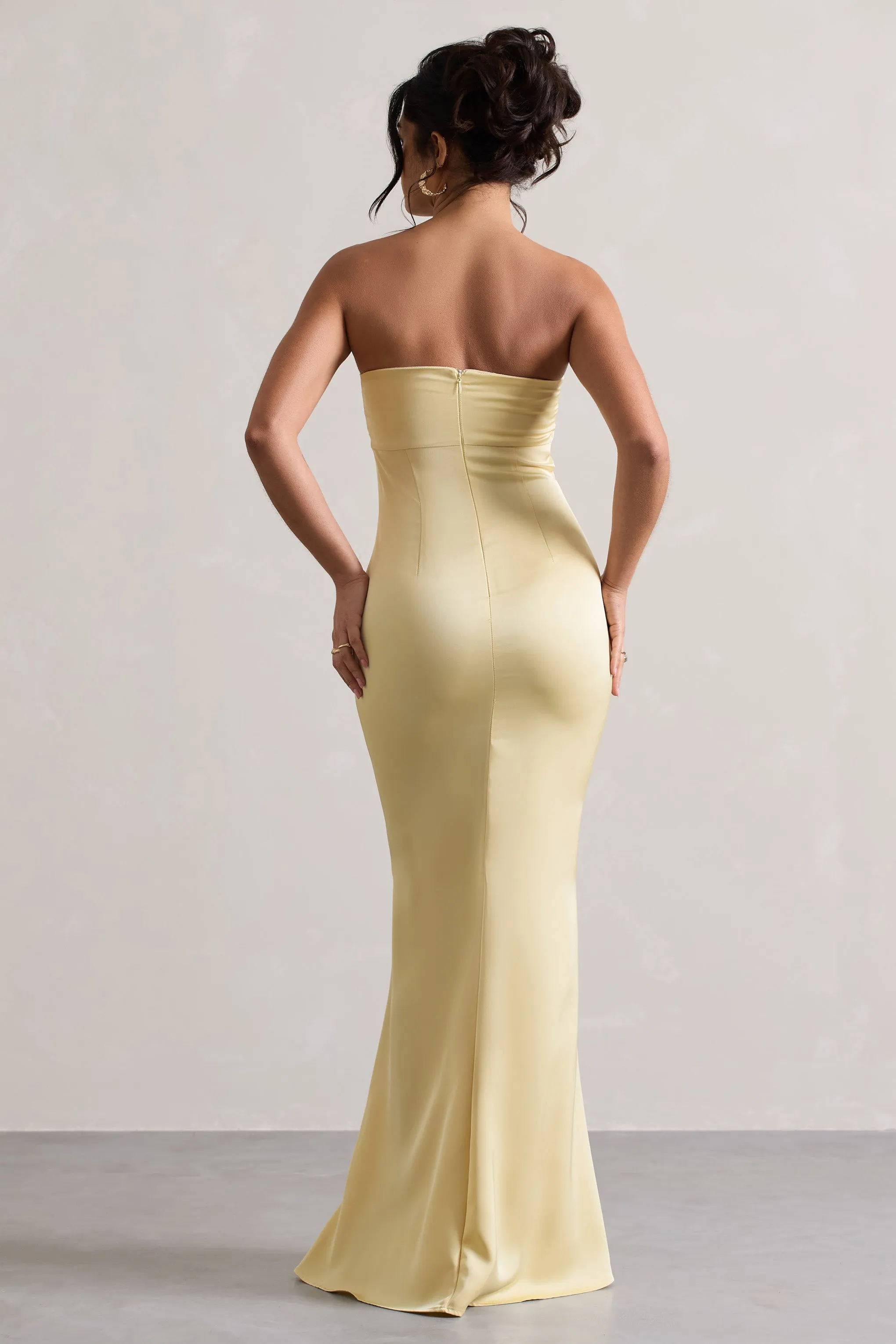 Colada | Lemon Satin Pleated Bandeau Maxi Dress Club L London