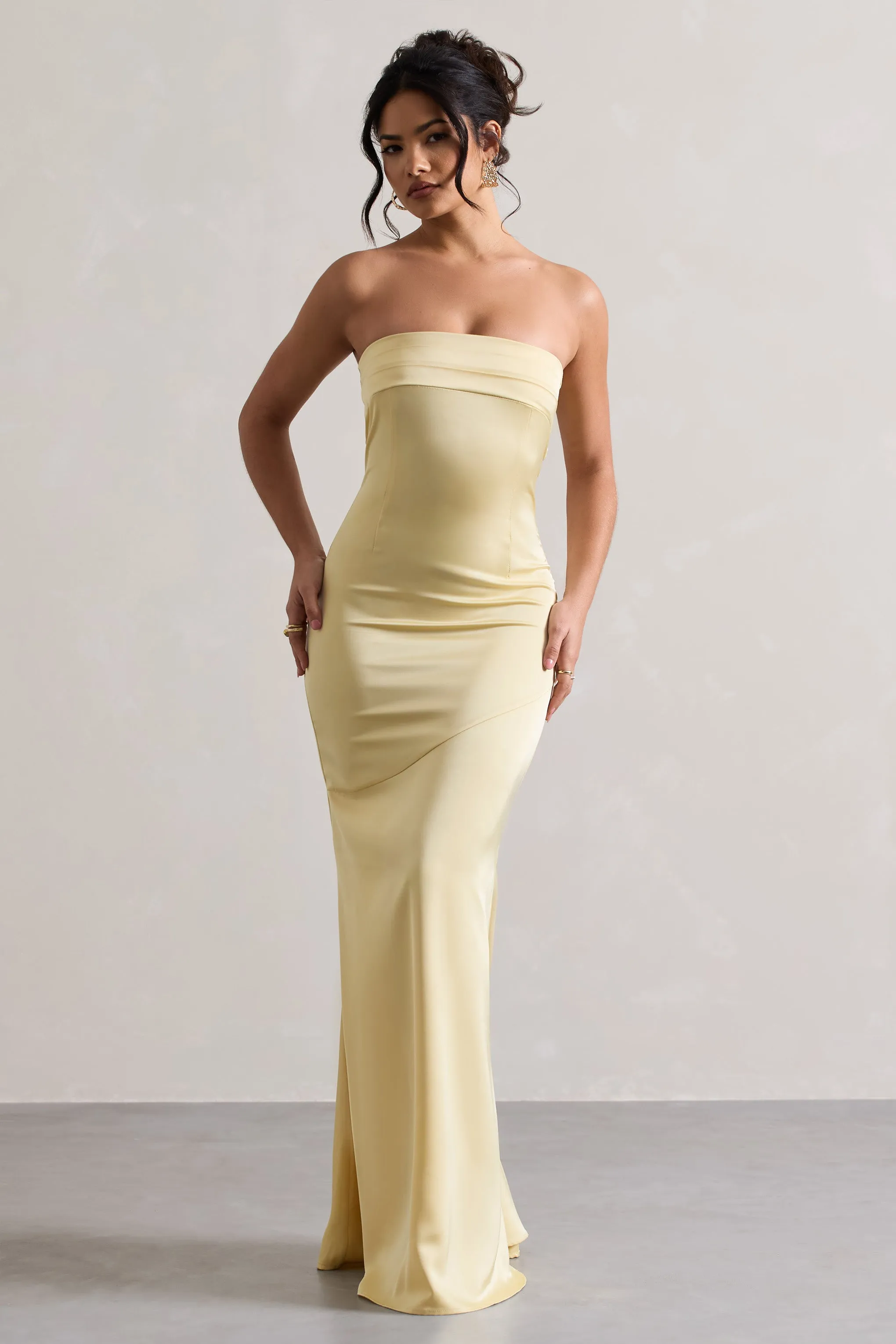 Colada | Lemon Satin Pleated Bandeau Maxi Dress Club L London