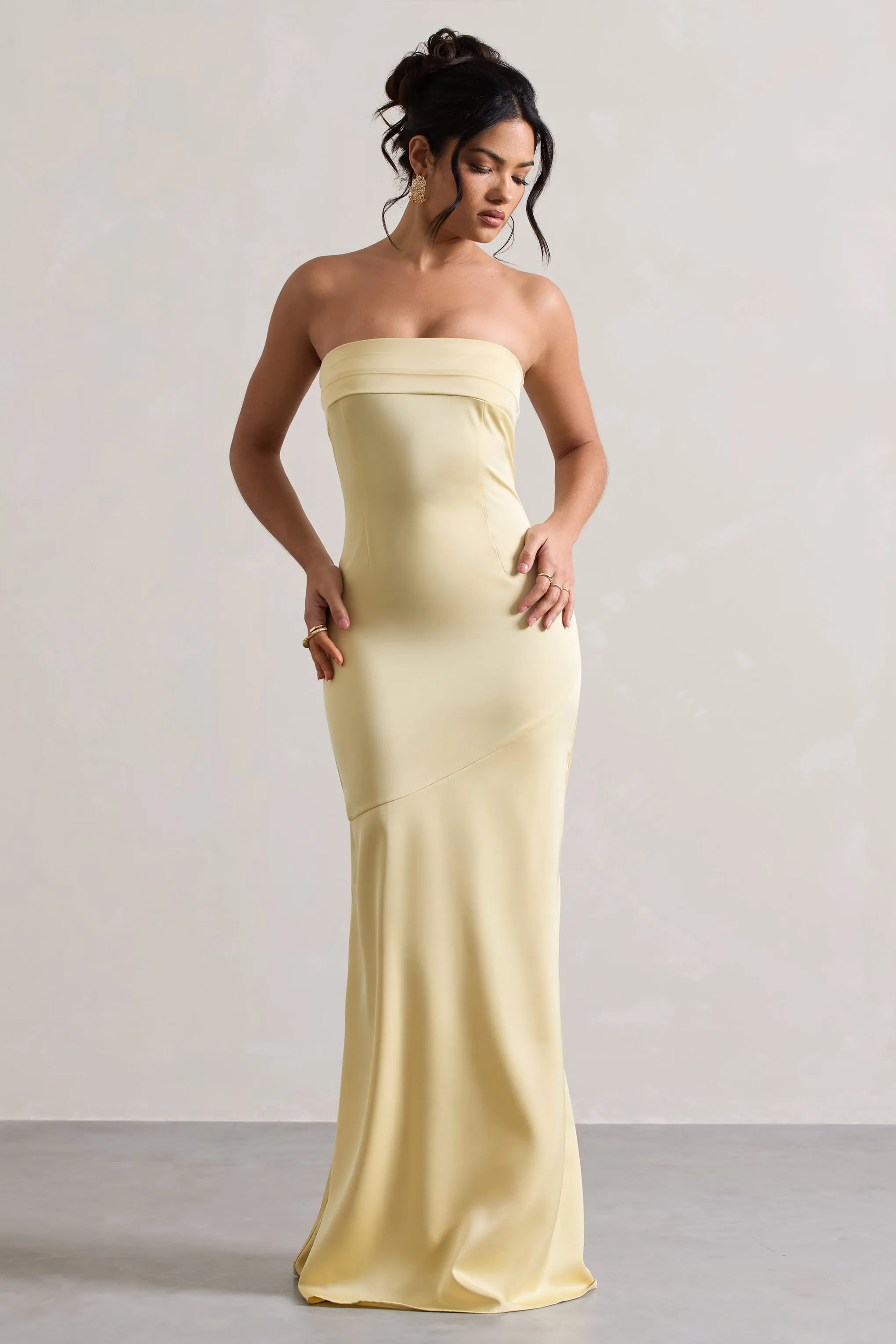 Colada | Lemon Satin Pleated Bandeau Maxi Dress Club L London