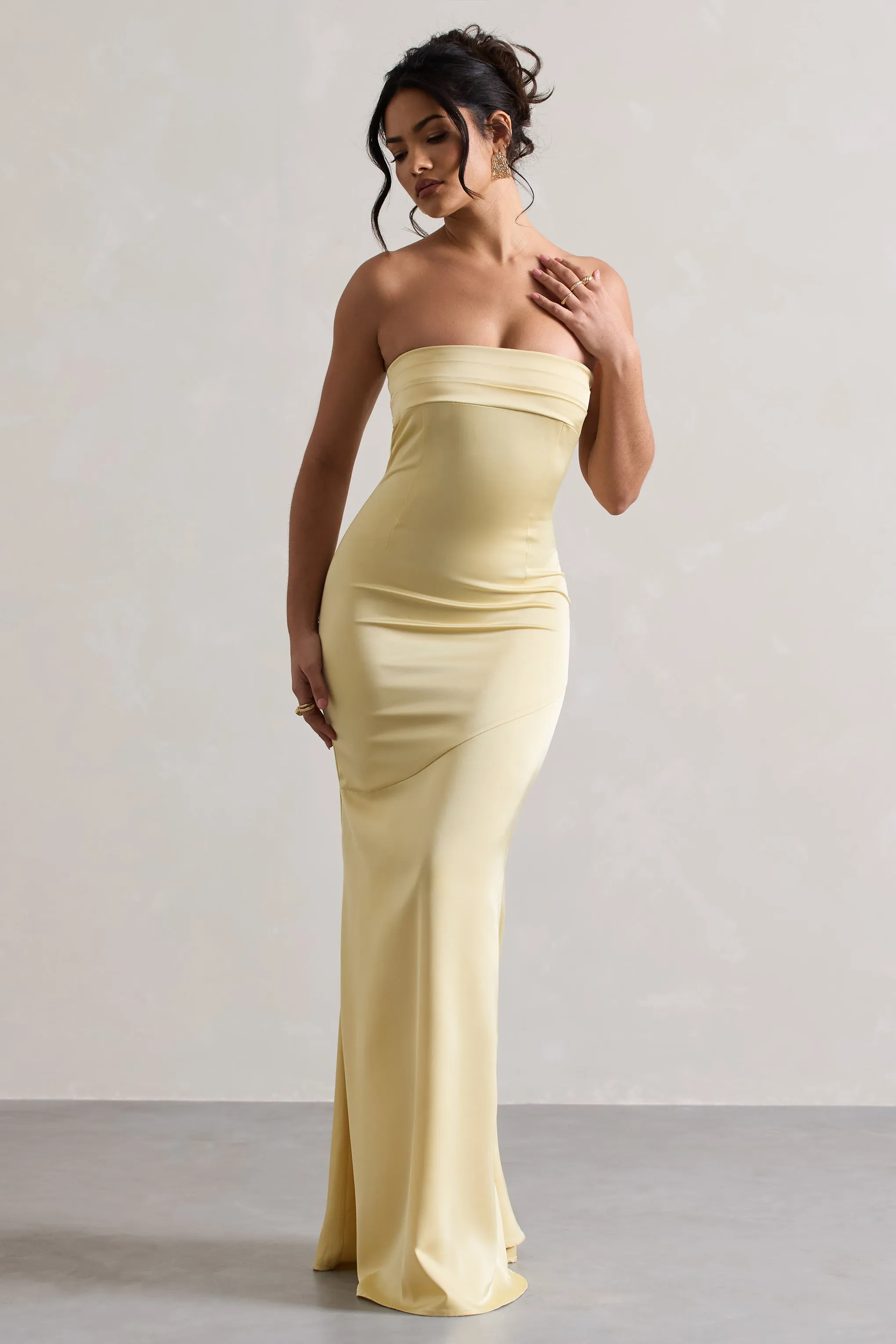 Colada | Lemon Satin Pleated Bandeau Maxi Dress Club L London