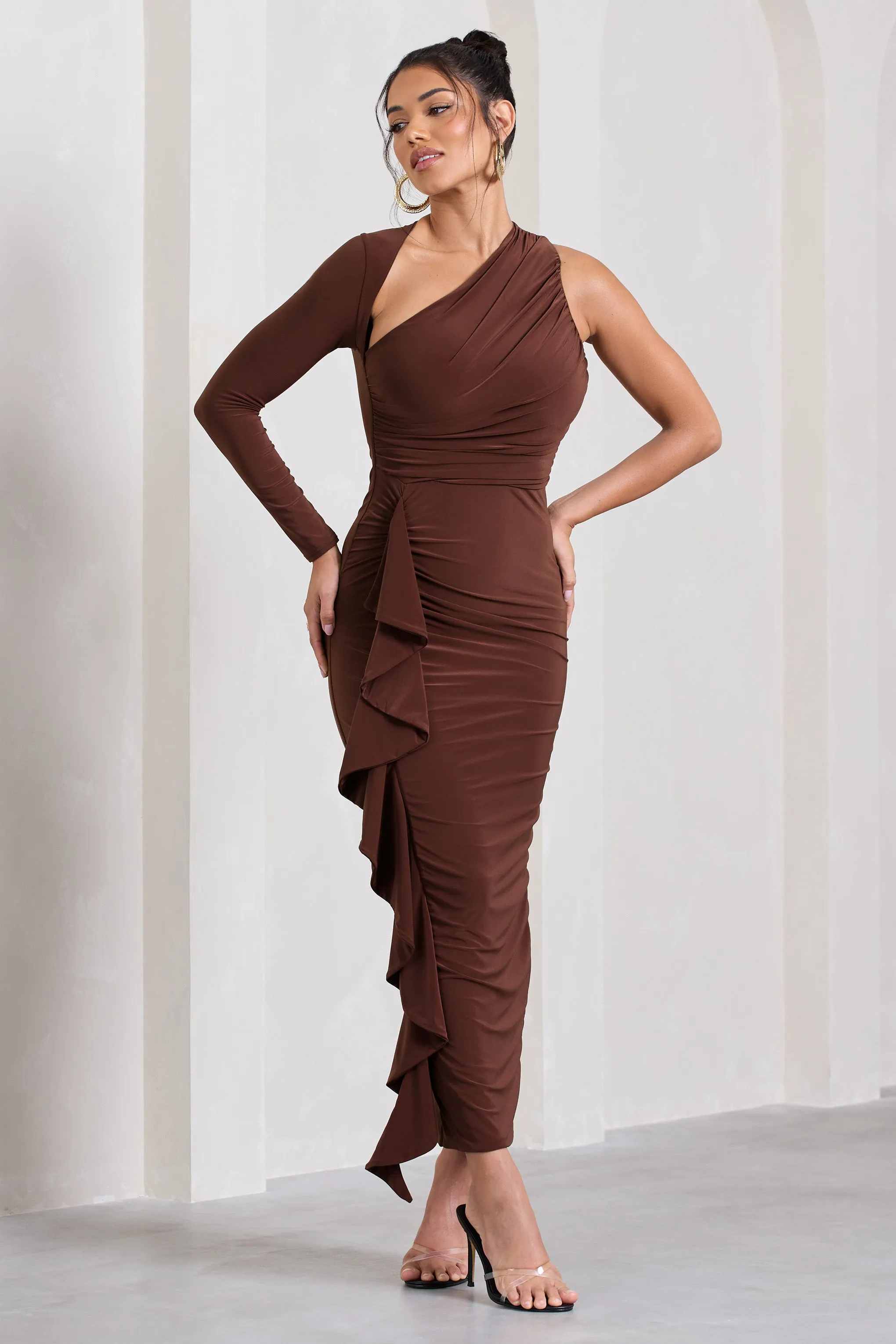 Compass | Brown One-Sleeved Cut-Out Maxi Dress With Ruffle Club L London