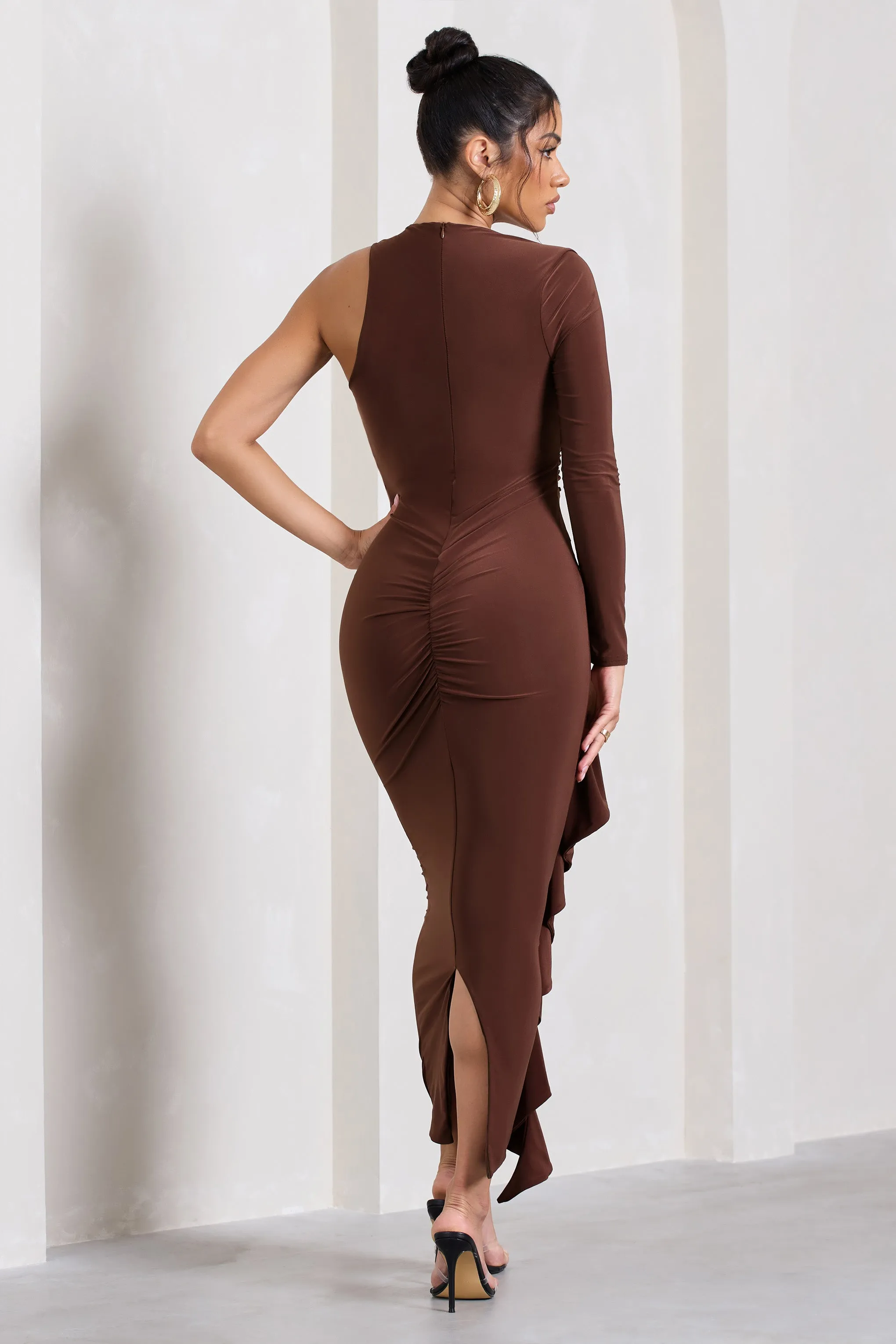 Compass | Brown One-Sleeved Cut-Out Maxi Dress With Ruffle Club L London