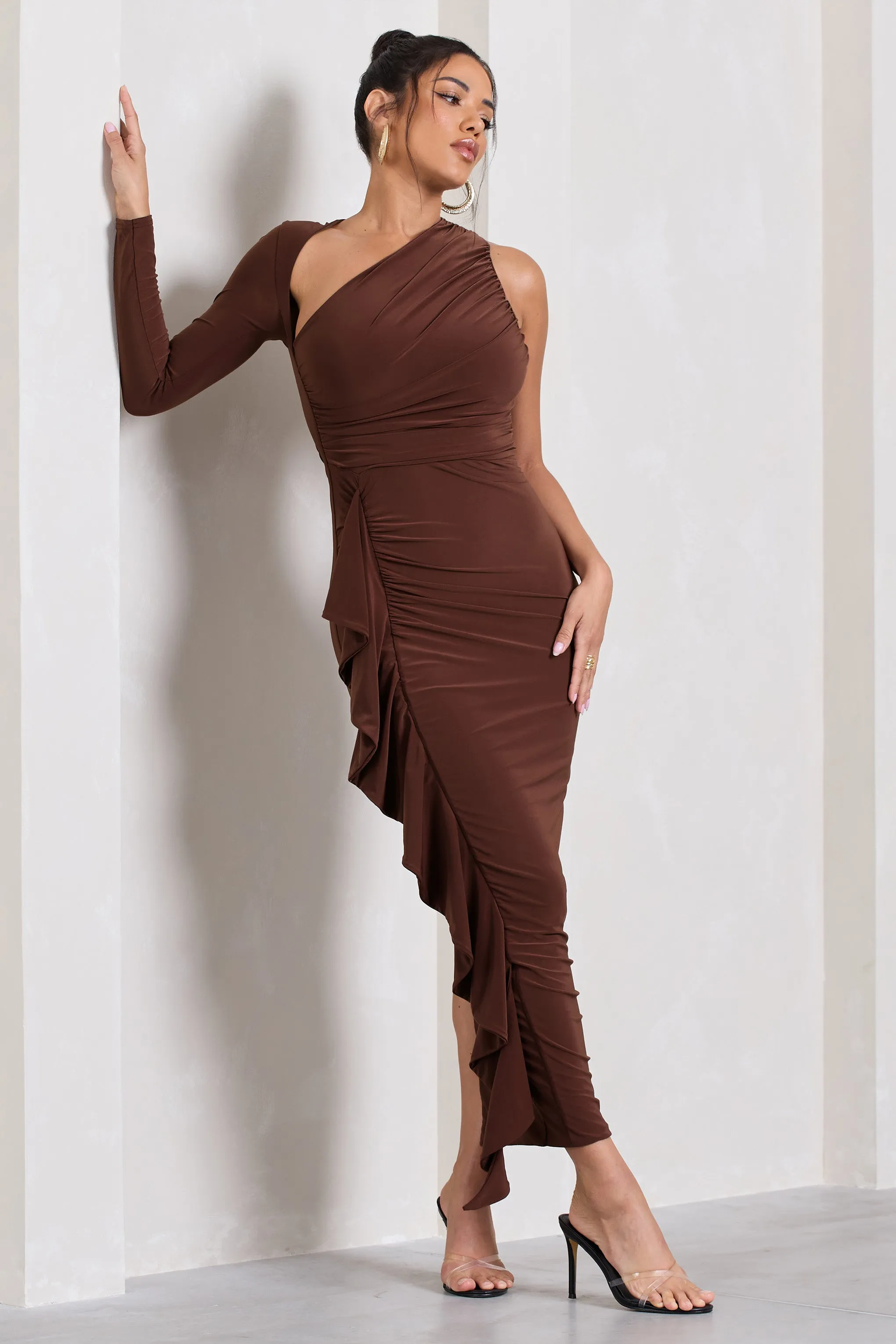 Compass | Brown One-Sleeved Cut-Out Maxi Dress With Ruffle Club L London