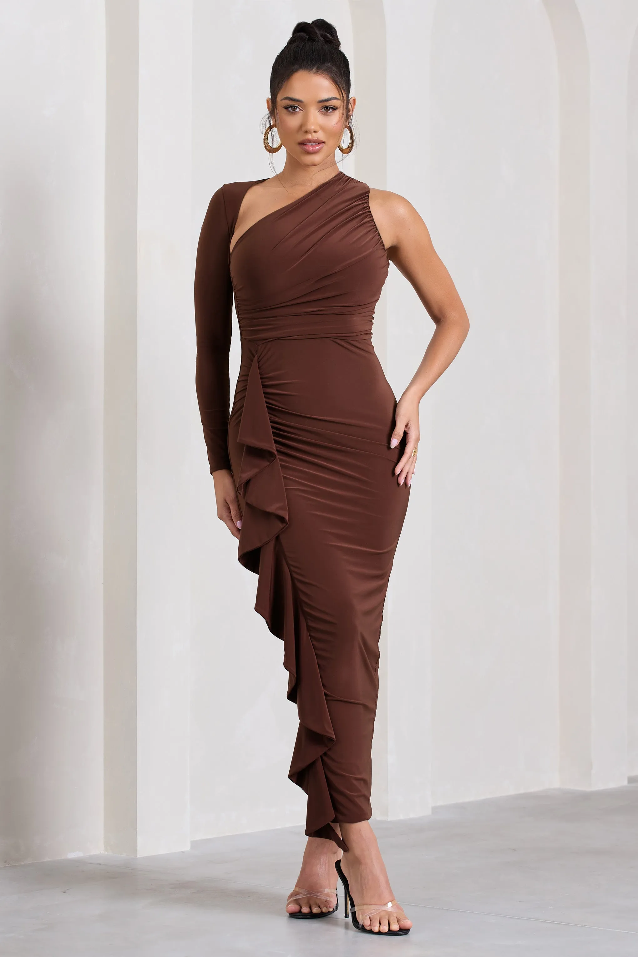 Compass | Brown One-Sleeved Cut-Out Maxi Dress With Ruffle Club L London