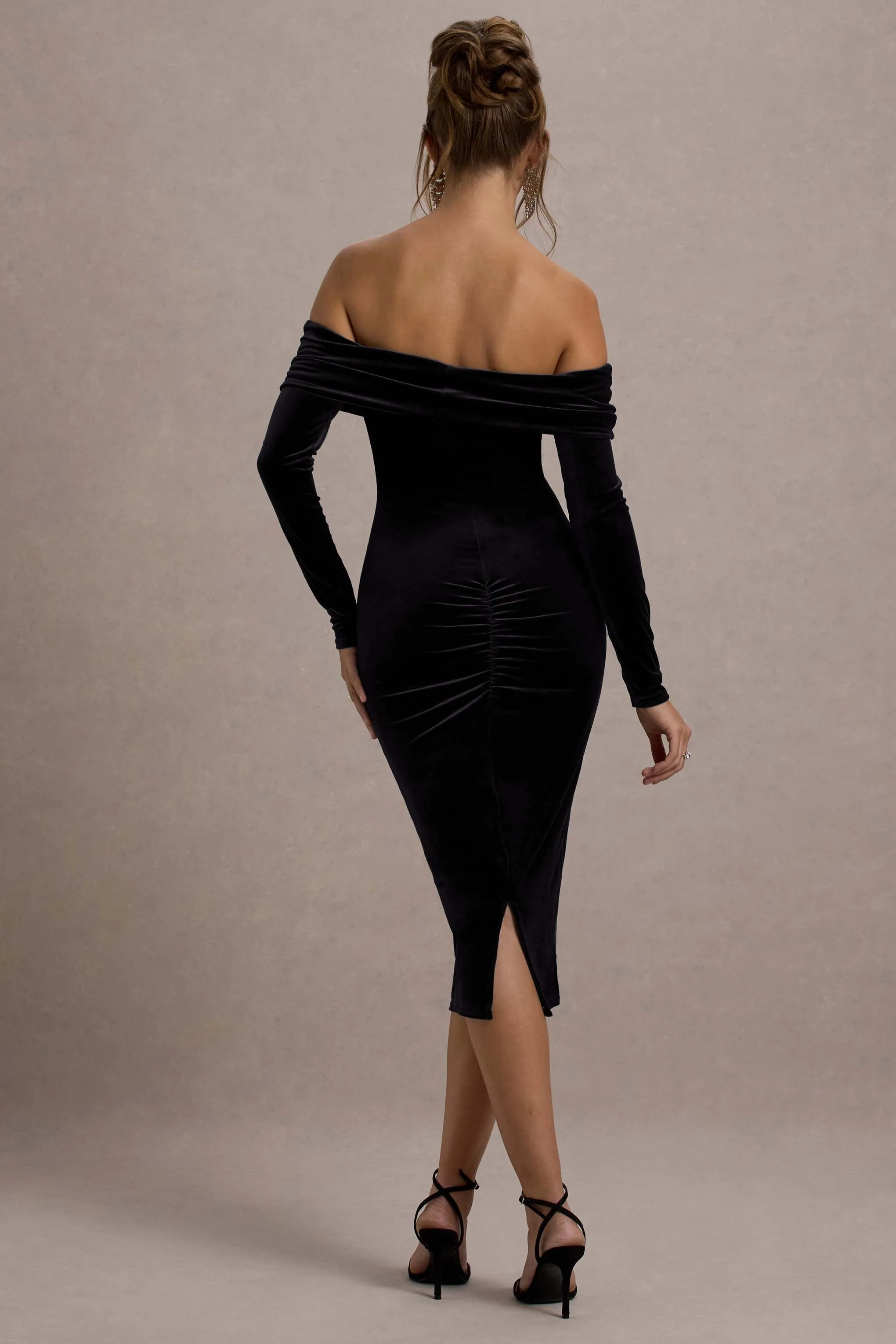 Compliment | Black Velvet Bardot Midi Dress Club L London