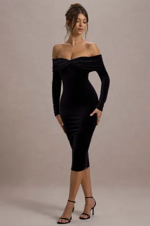 Compliment | Black Velvet Bardot Midi Dress Club L London
