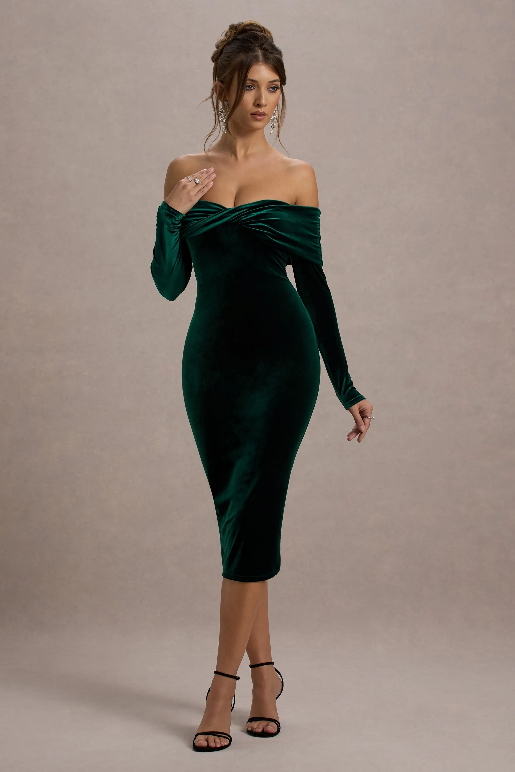 Compliment | Bottle Green Velvet Bardot Midi Dress Club L London